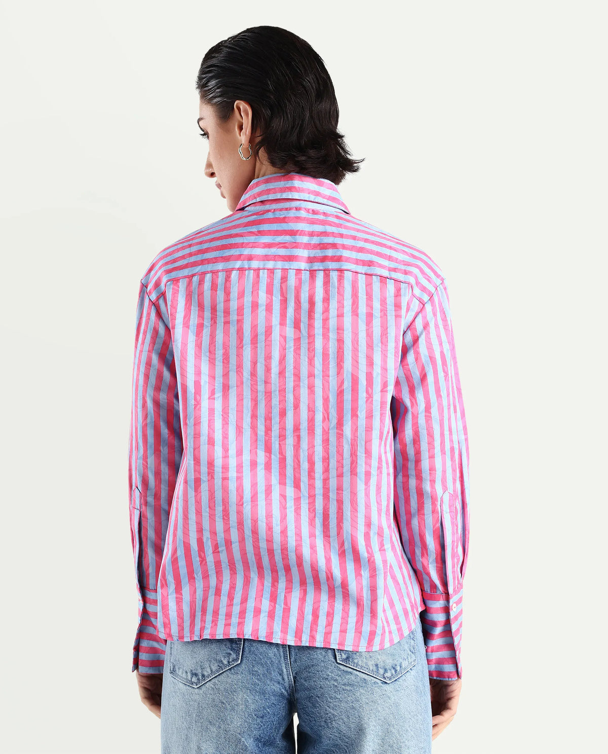 Rareism Women's Venice Pink Cotton Drop Collar Striped Cuffed Sleeve Regular Fit Shirt