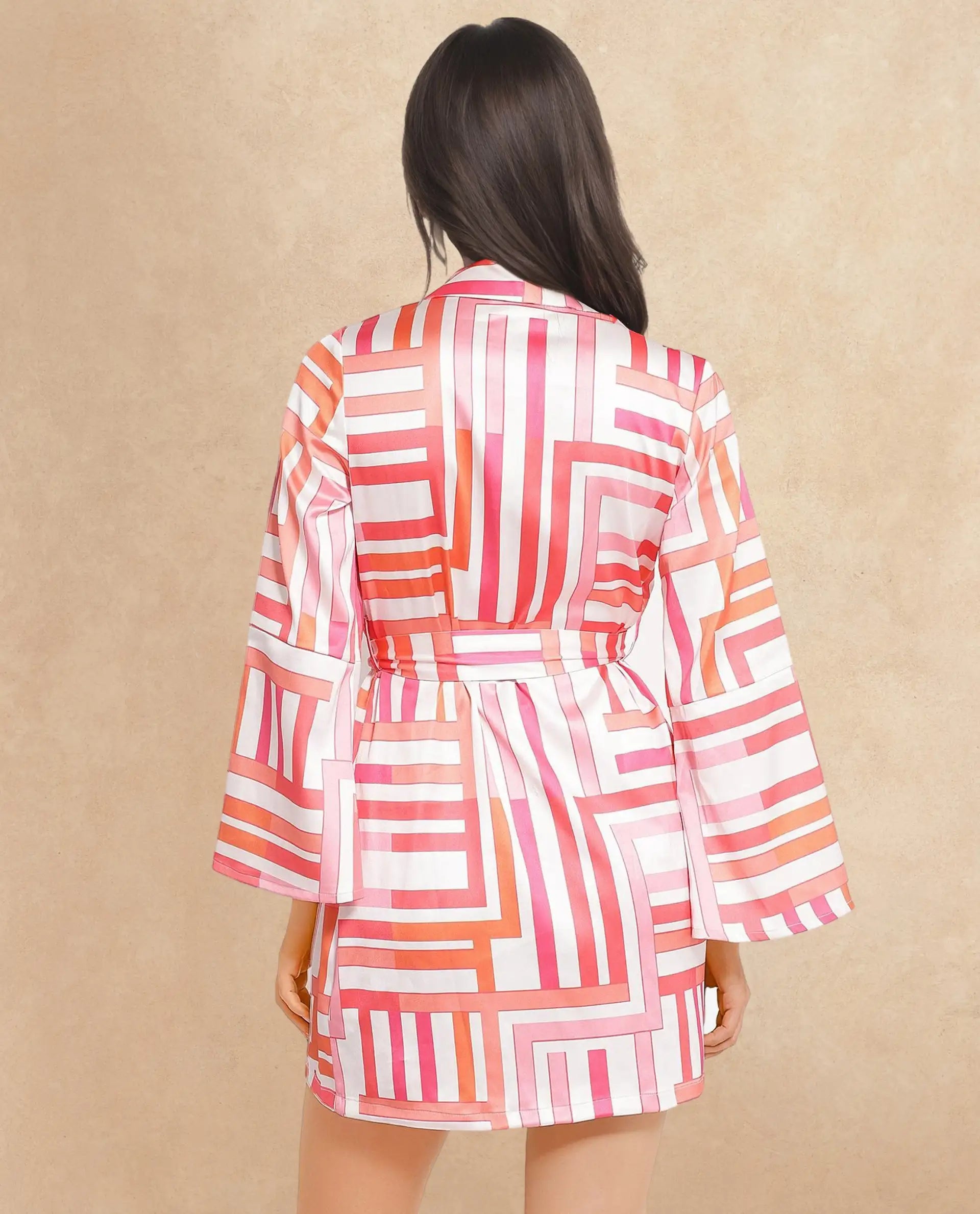 Rareism Women's Veracruz Light Multi Polyester Lapel Neck Geometric Print Bell Sleeve Mini Straight Fit Dress