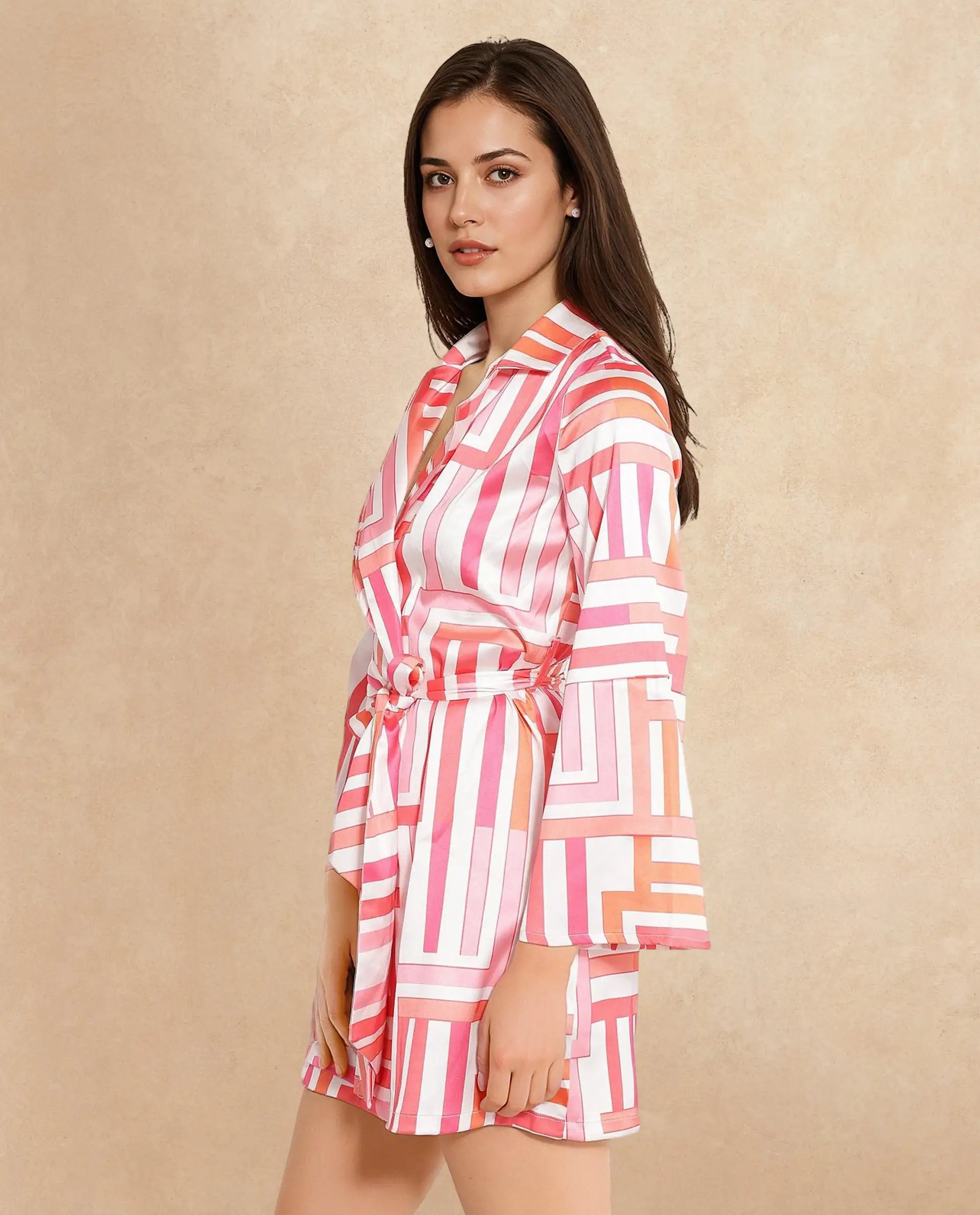 Rareism Women's Veracruz Light Multi Polyester Lapel Neck Geometric Print Bell Sleeve Mini Straight Fit Dress