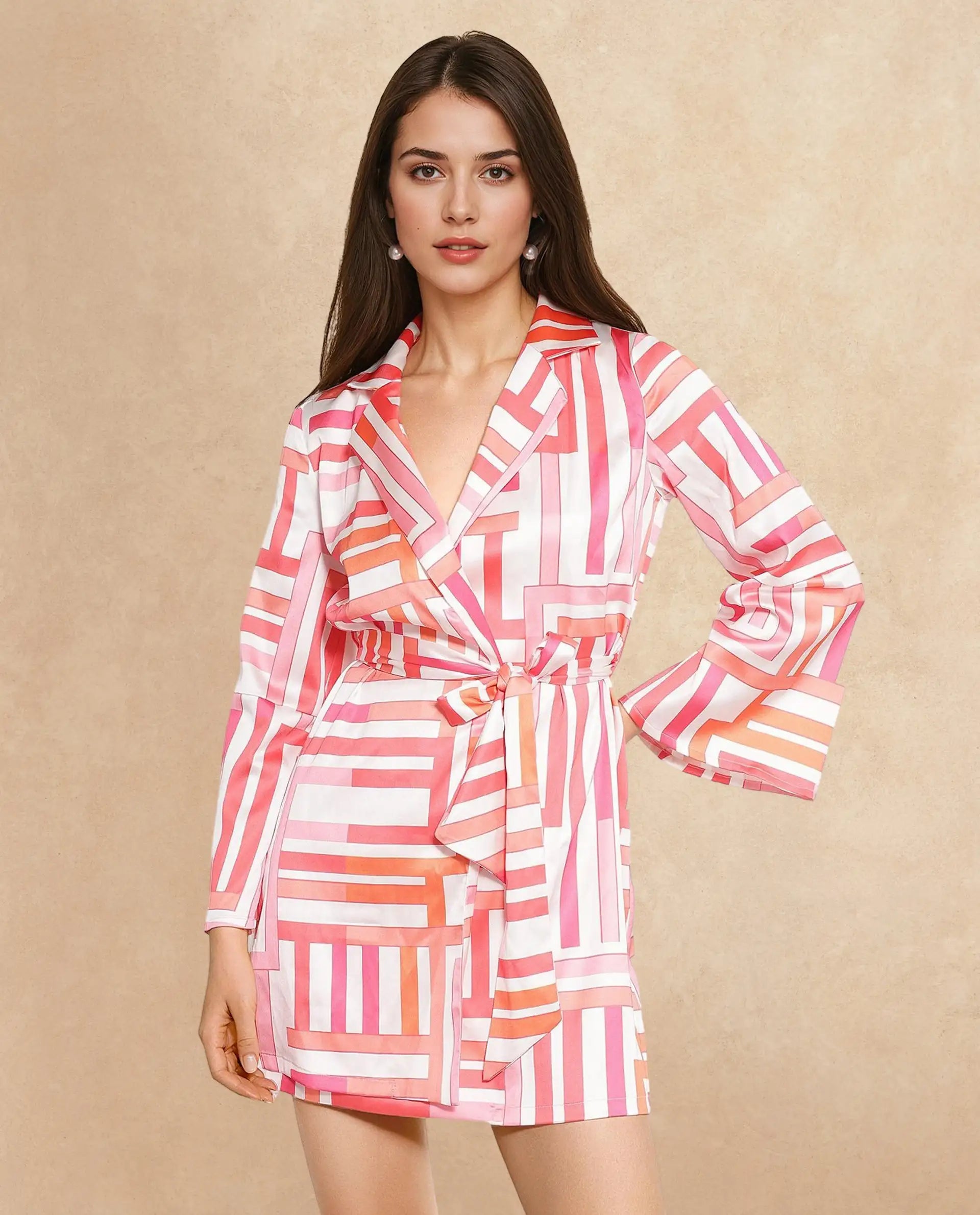 Rareism Women's Veracruz Light Multi Polyester Lapel Neck Geometric Print Bell Sleeve Mini Straight Fit Dress
