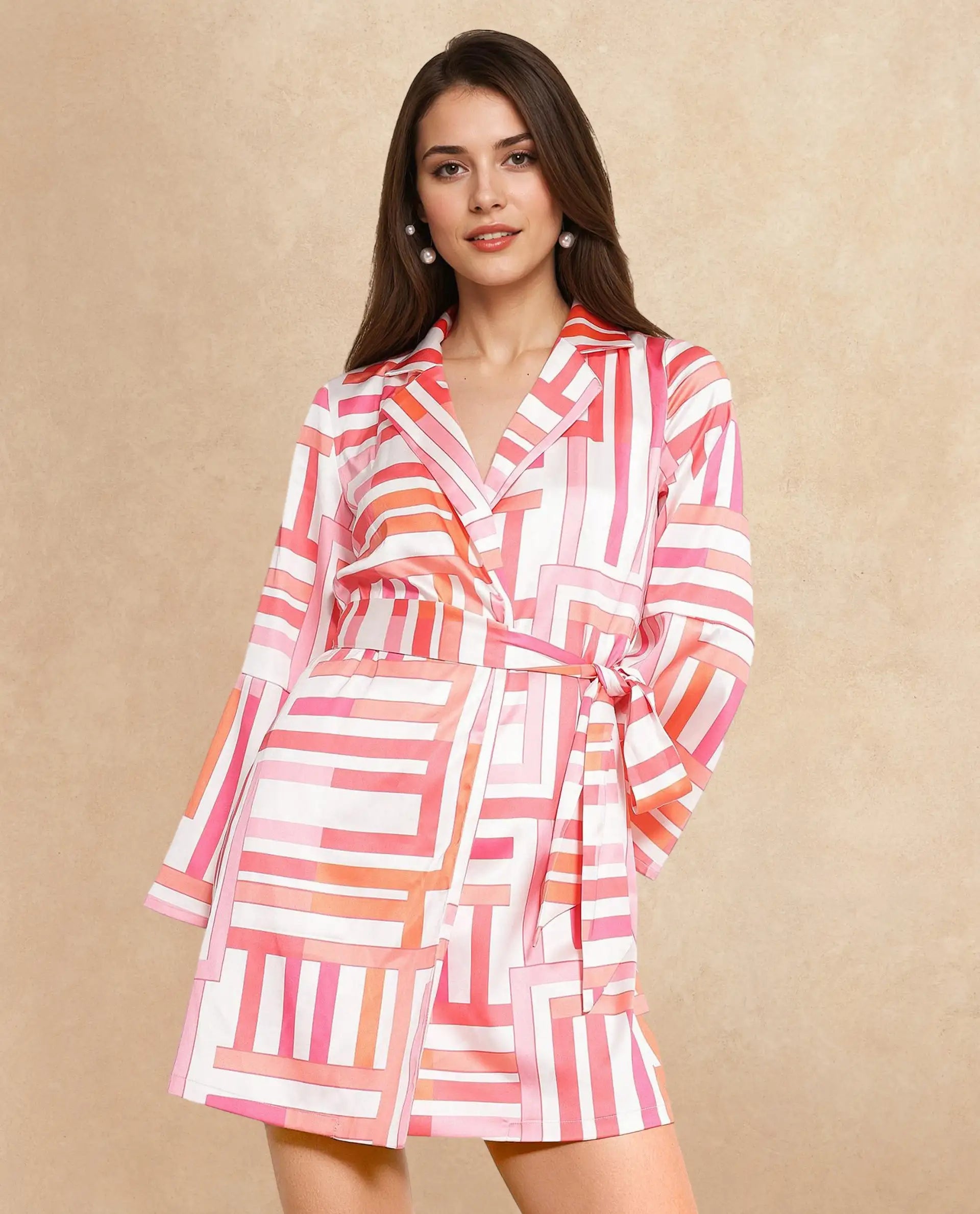 Rareism Women's Veracruz Light Multi Polyester Lapel Neck Geometric Print Bell Sleeve Mini Straight Fit Dress