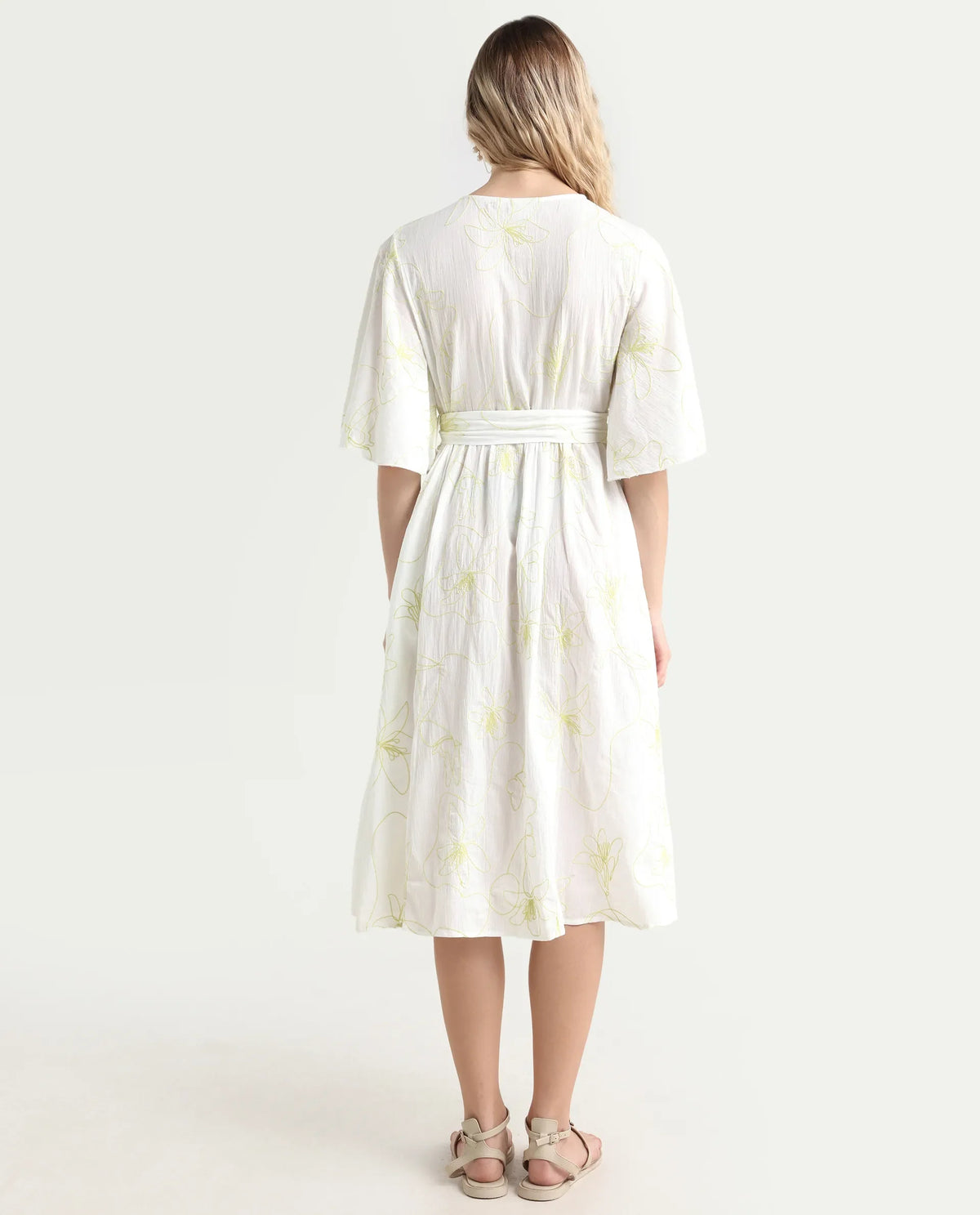 Rareism Women's Vera White Cotton Crew Neck Embroidered Bell Sleeve Maxi Fit And Flare Dress