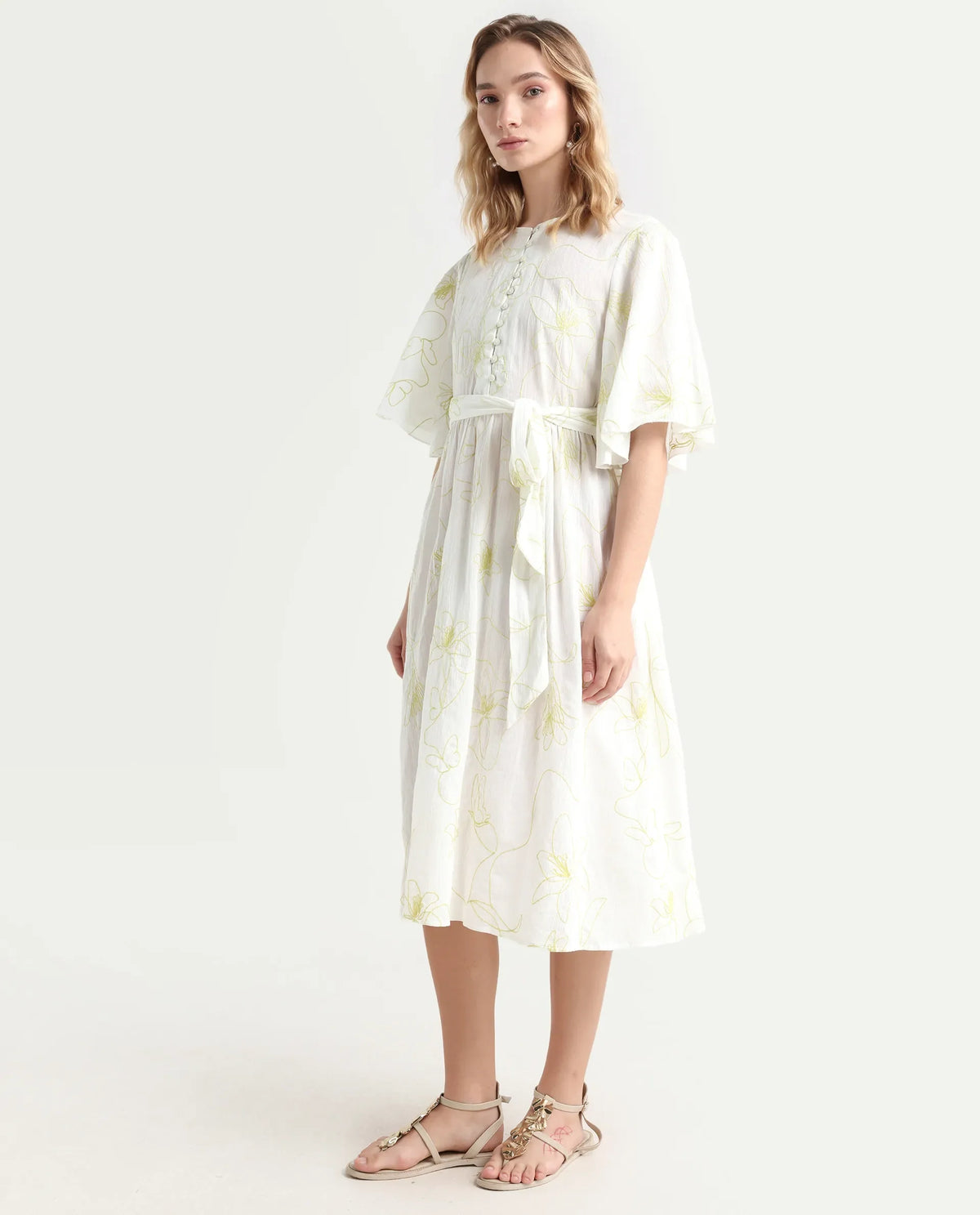 Rareism Women's Vera White Cotton Crew Neck Embroidered Bell Sleeve Maxi Fit And Flare Dress
