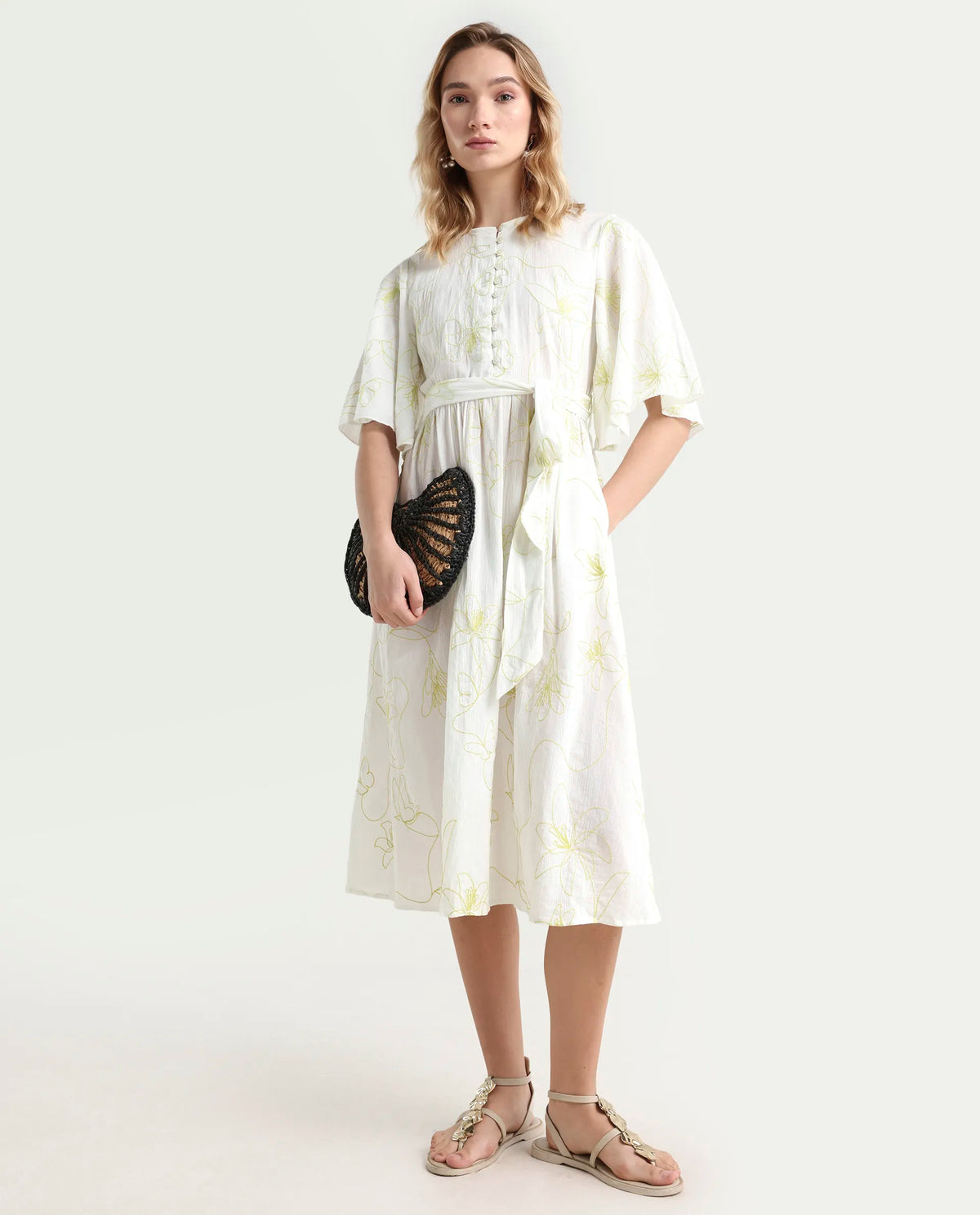 Rareism Women's Vera White Cotton Crew Neck Embroidered Bell Sleeve Maxi Fit And Flare Dress