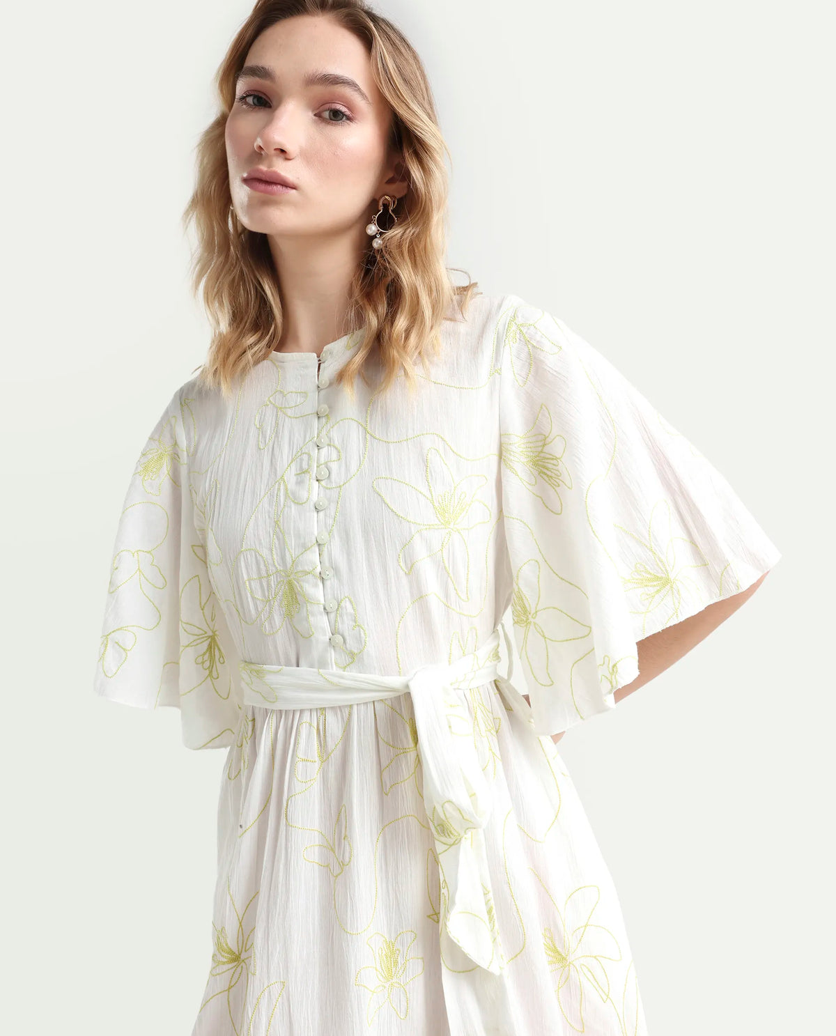 Rareism Women's Vera White Cotton Crew Neck Embroidered Bell Sleeve Maxi Fit And Flare Dress