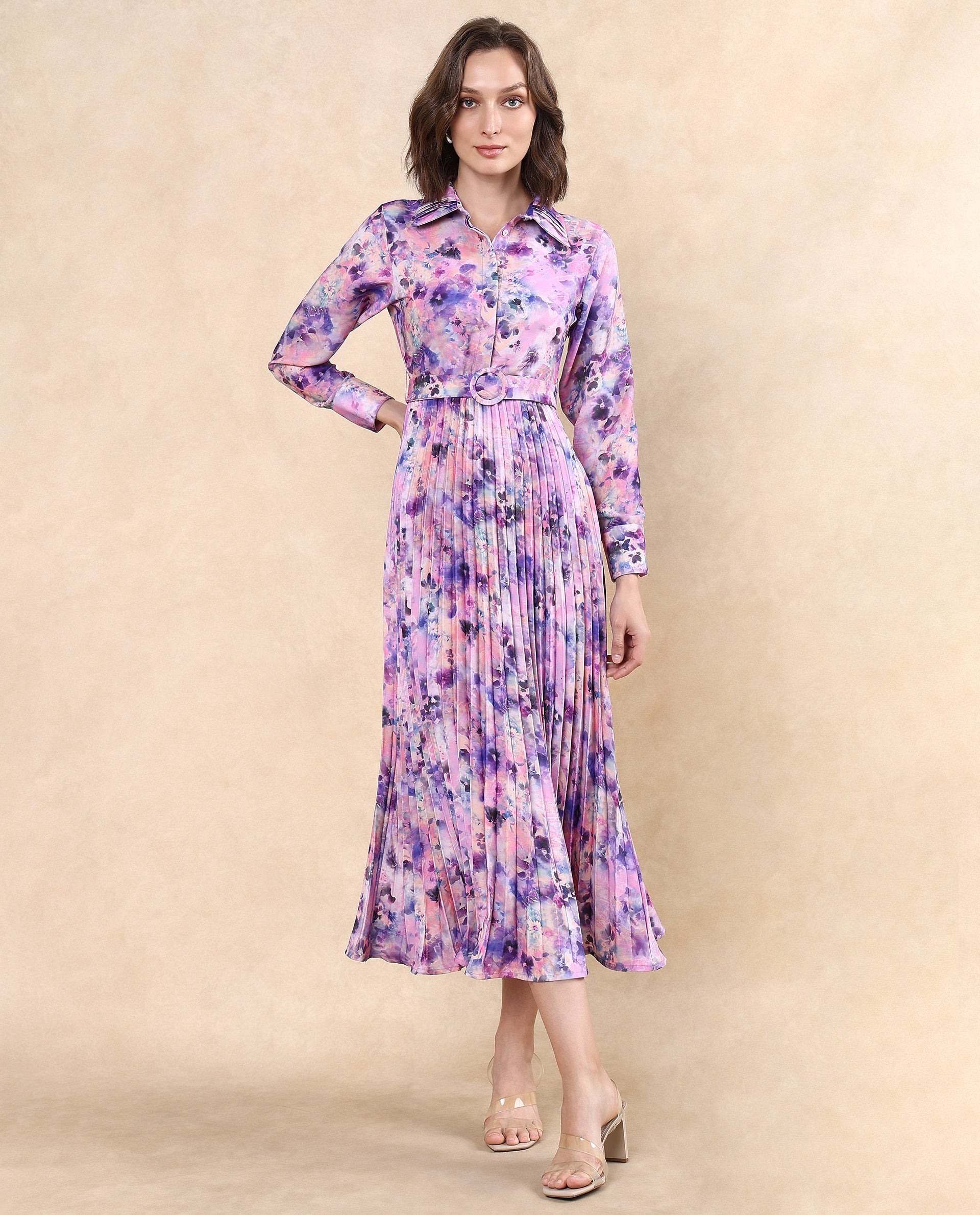 Rareism Women's Verdem Pastel Multi Polyester Blend Drop Collar Floral Print Bishop Sleeve Maxi Flared Dress