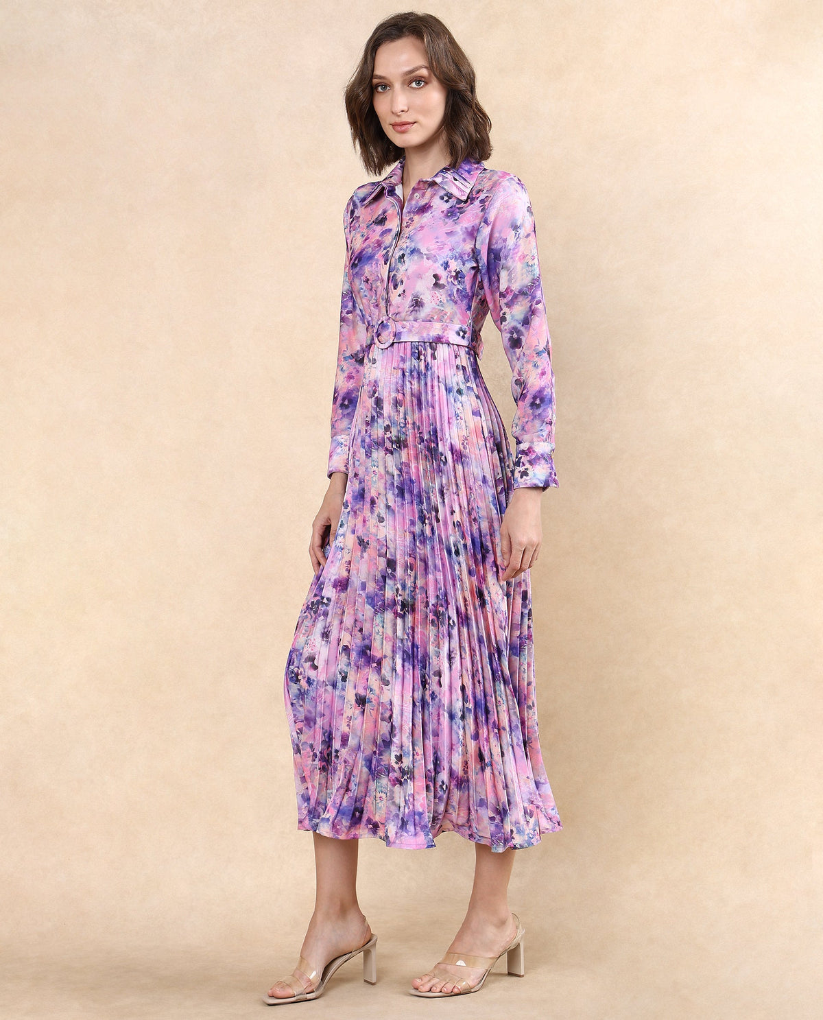 Rareism Women Verdem Pastel Multi Polyester Fabric Bishop Sleeve Collared Neck Button Closure Flared Maxi Floral Print Dress