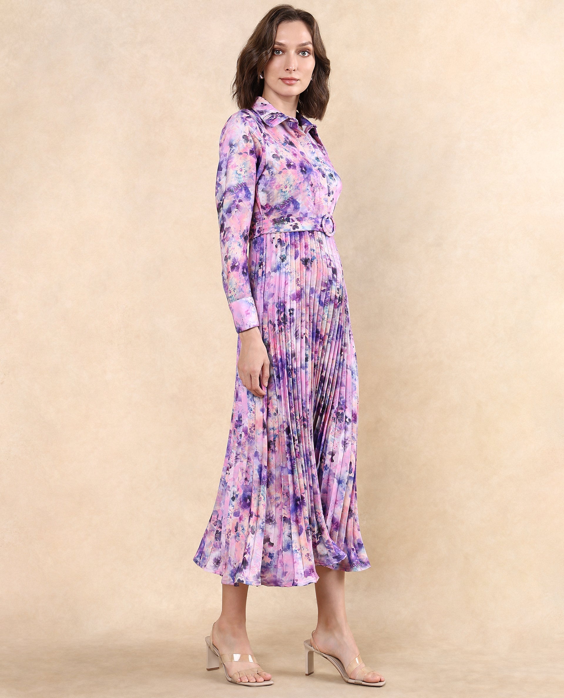 Rareism Women's Verdem Pastel Multi Polyester Blend Drop Collar Floral Print Bishop Sleeve Maxi Flared Dress