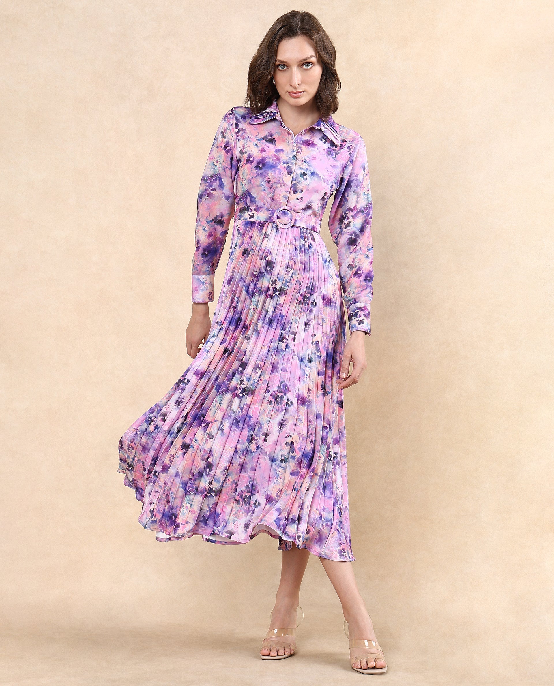 Rareism Women's Verdem Pastel Multi Polyester Blend Drop Collar Floral Print Bishop Sleeve Maxi Flared Dress