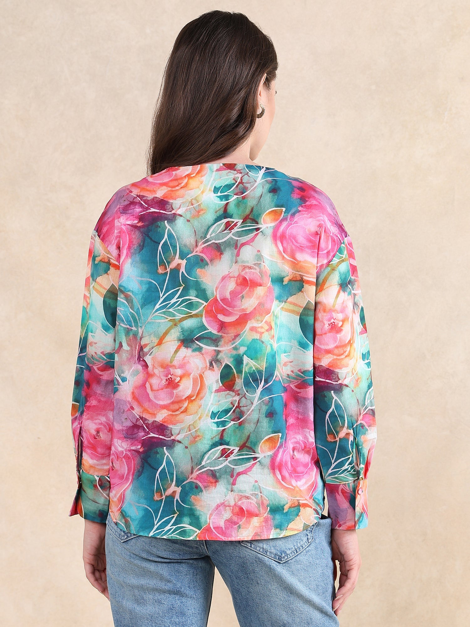 Rareism Women Verona Multi Cuffed Sleeve Mandarin Neck Abstract Print Shirt