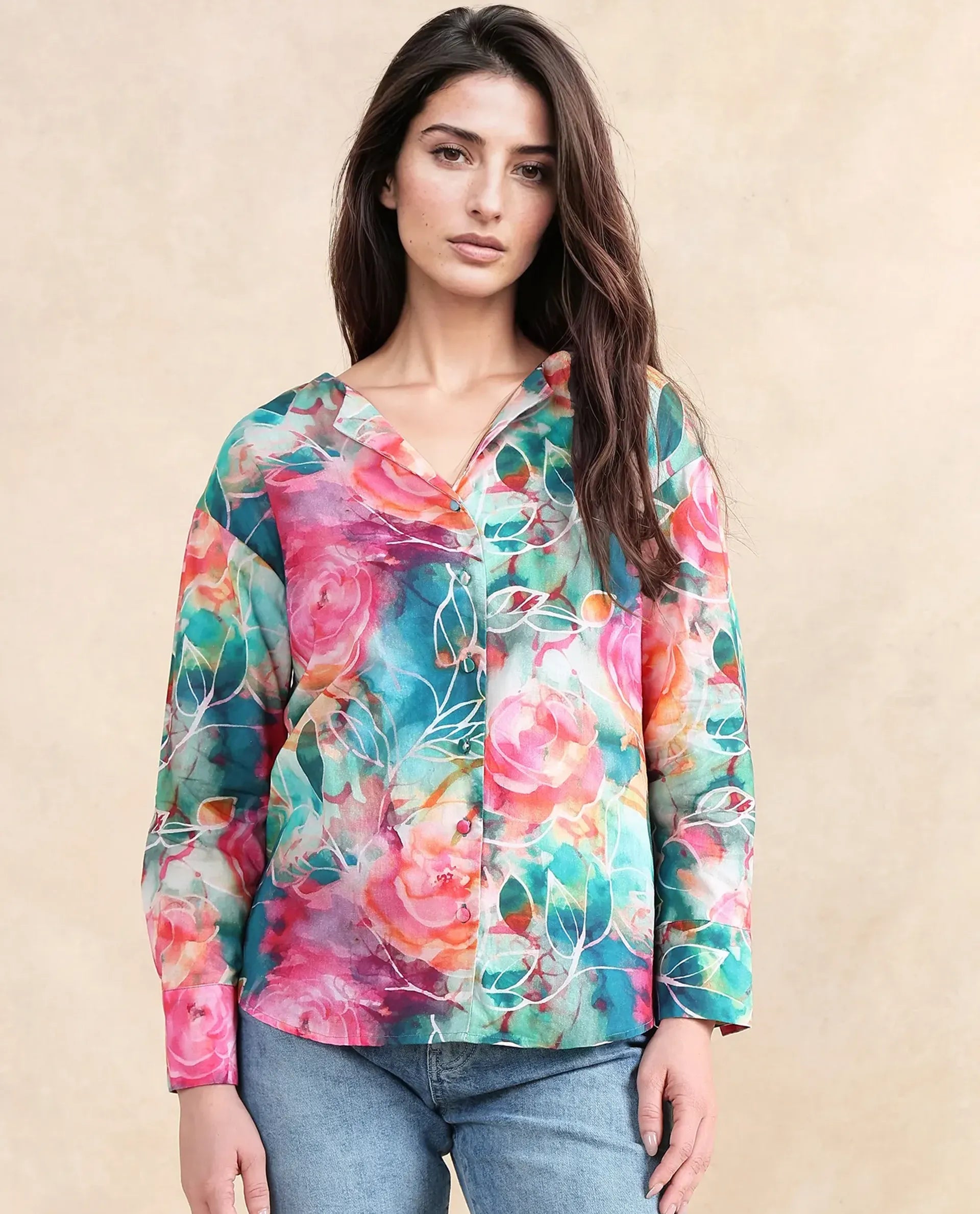 Rareism Women's Verona Multi Cotton Mandarin Collar Abstract Print Cuffed Sleeve Regular Fit Shirt