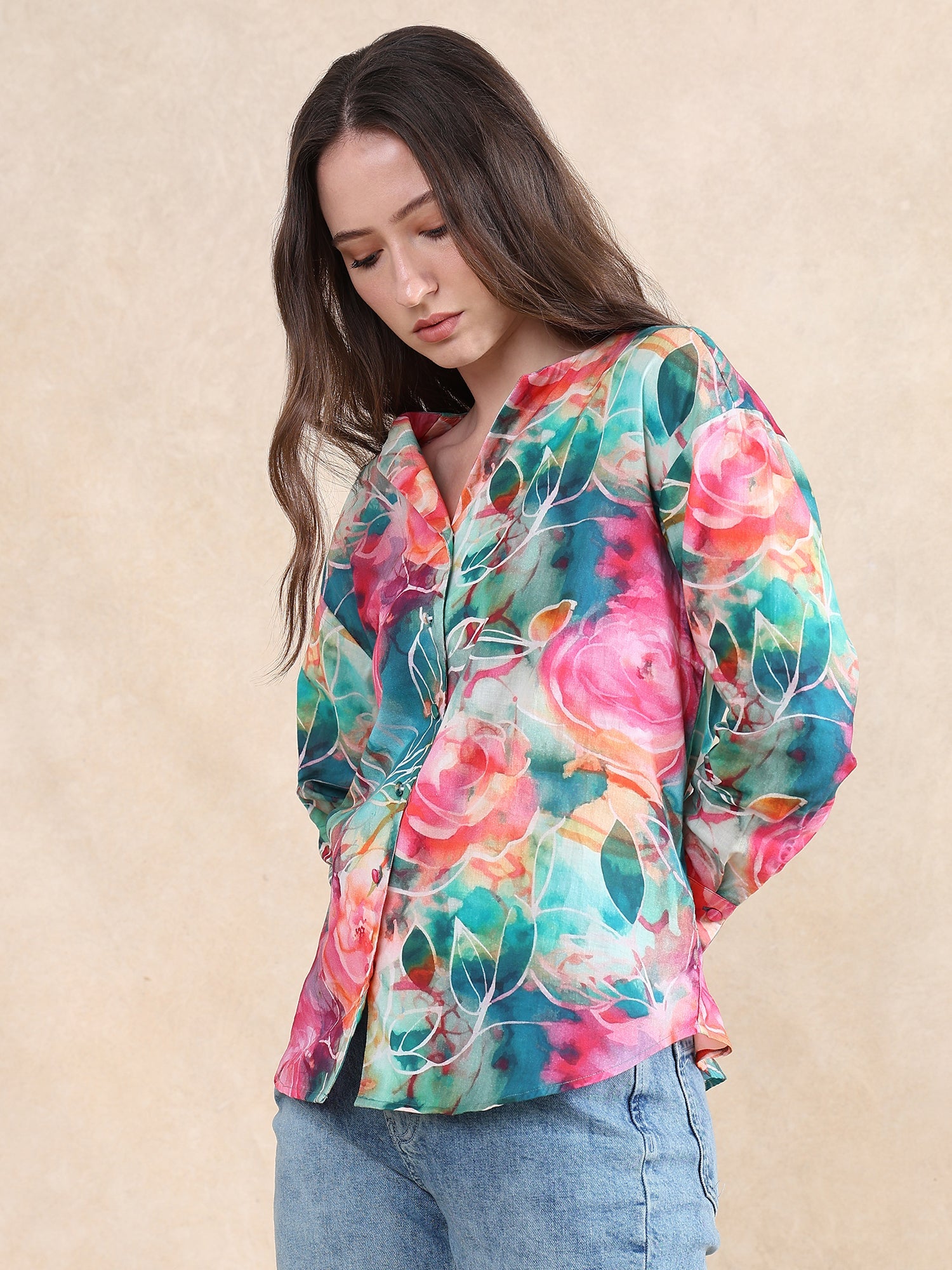 Rareism Women Verona Multi Cuffed Sleeve Mandarin Neck Abstract Print Shirt