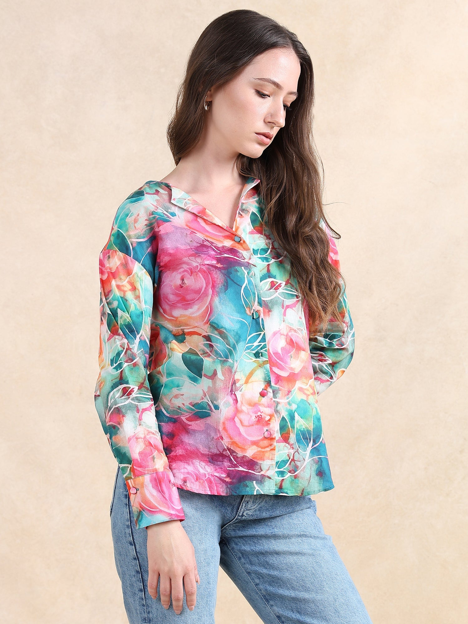 Rareism Women's Verona Multi Cotton Mandarin Collar Abstract Print Cuffed Sleeve Regular Fit Shirt