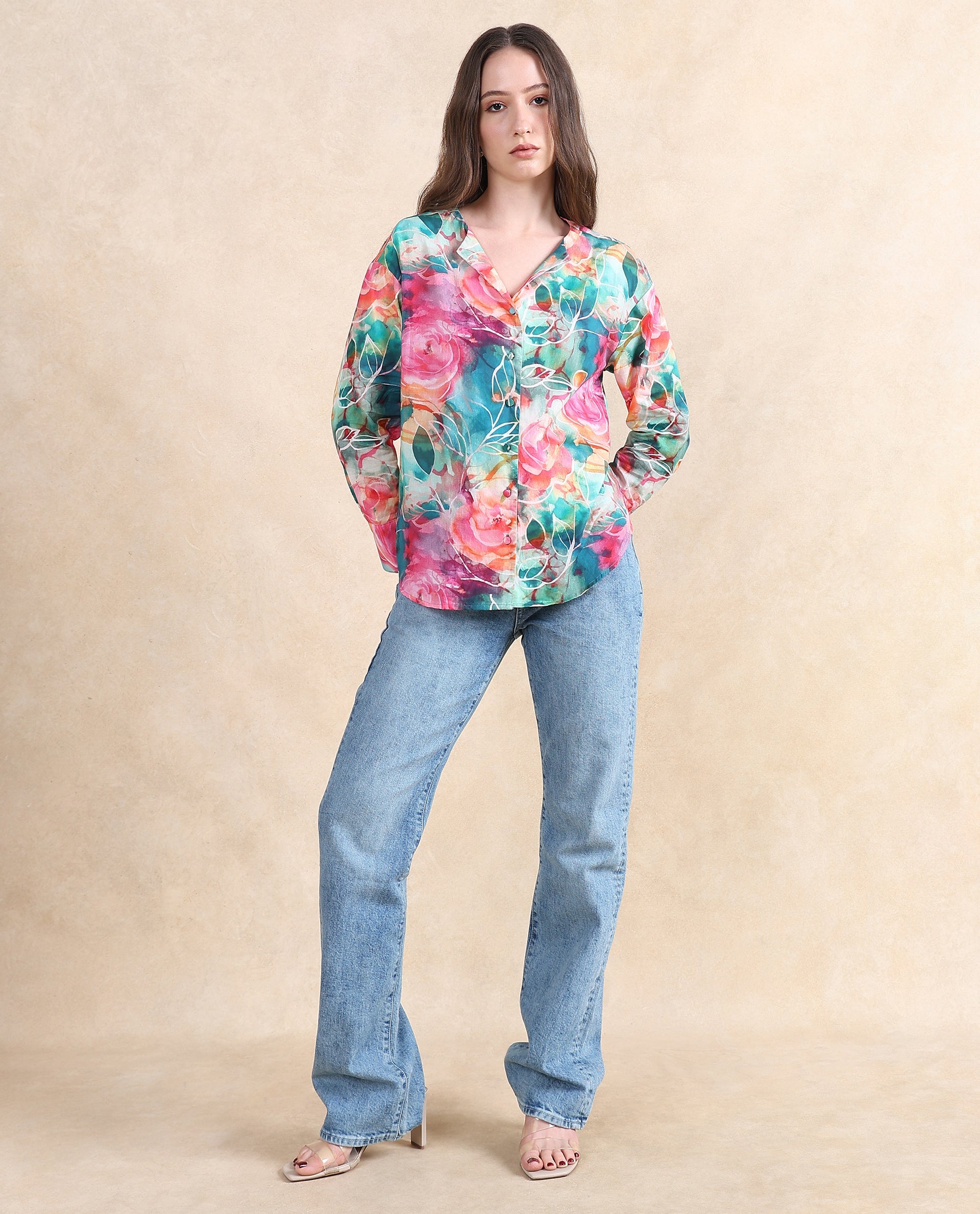 Rareism Women Verona Multi Cuffed Sleeve Mandarin Neck Abstract Print Shirt