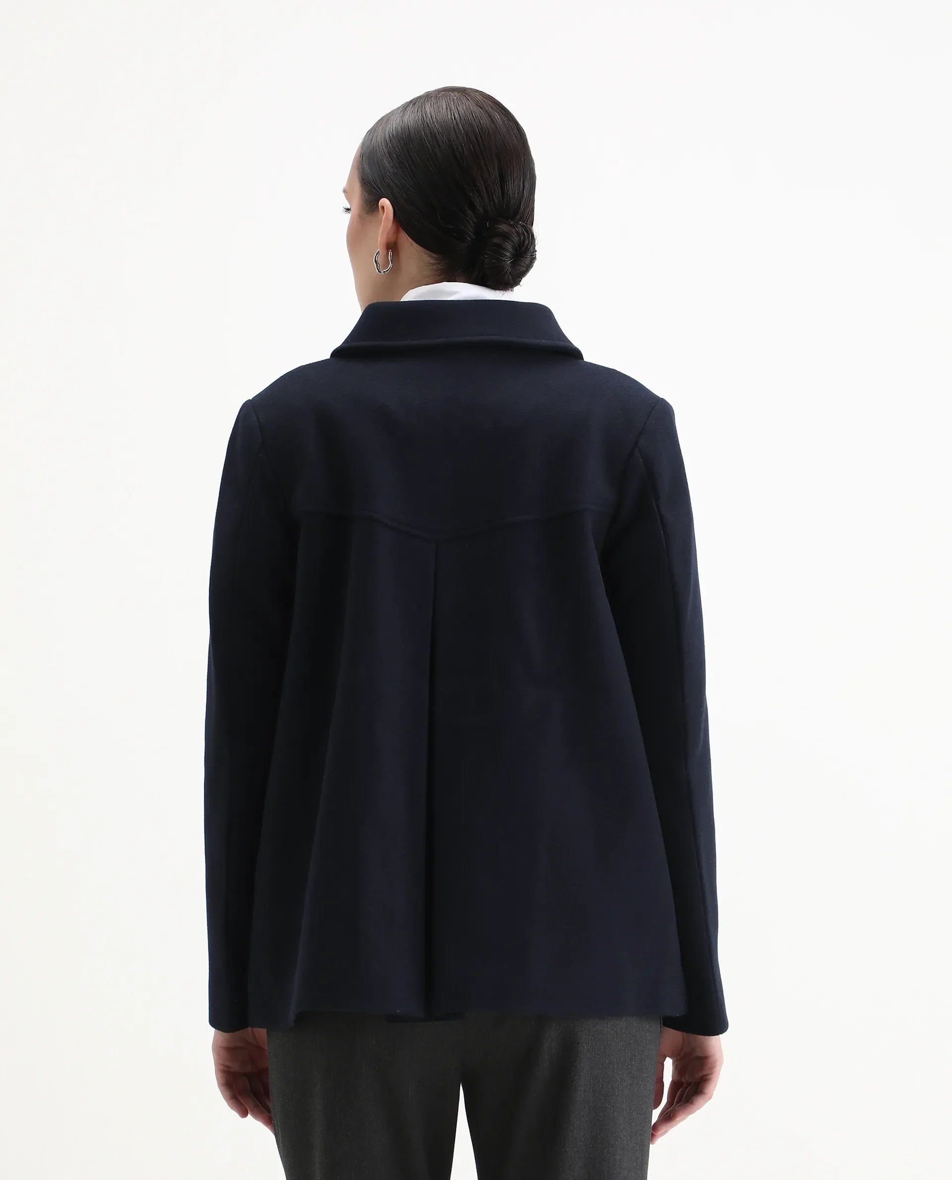 Rareism Women's Viaro Navy Polyester Collared Neck Regular Fit Plain Jacket