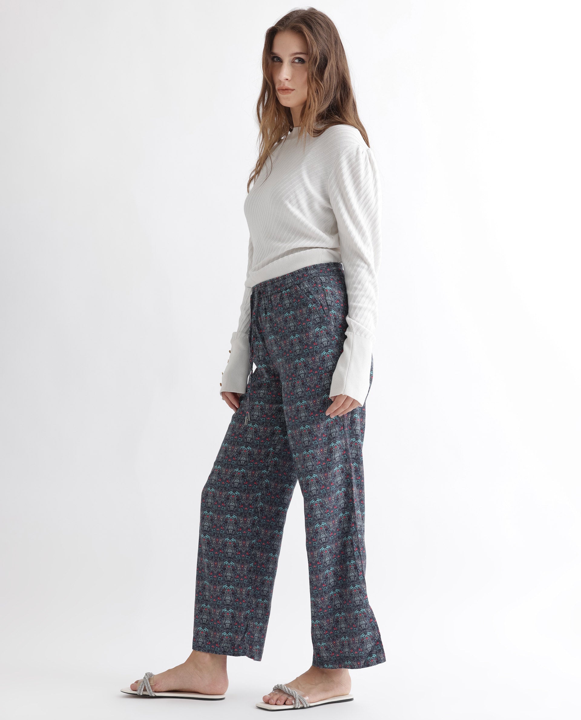 Rareism Women's Victo Grey Cotton Geometric Print Ankle Length Tailored Trouser