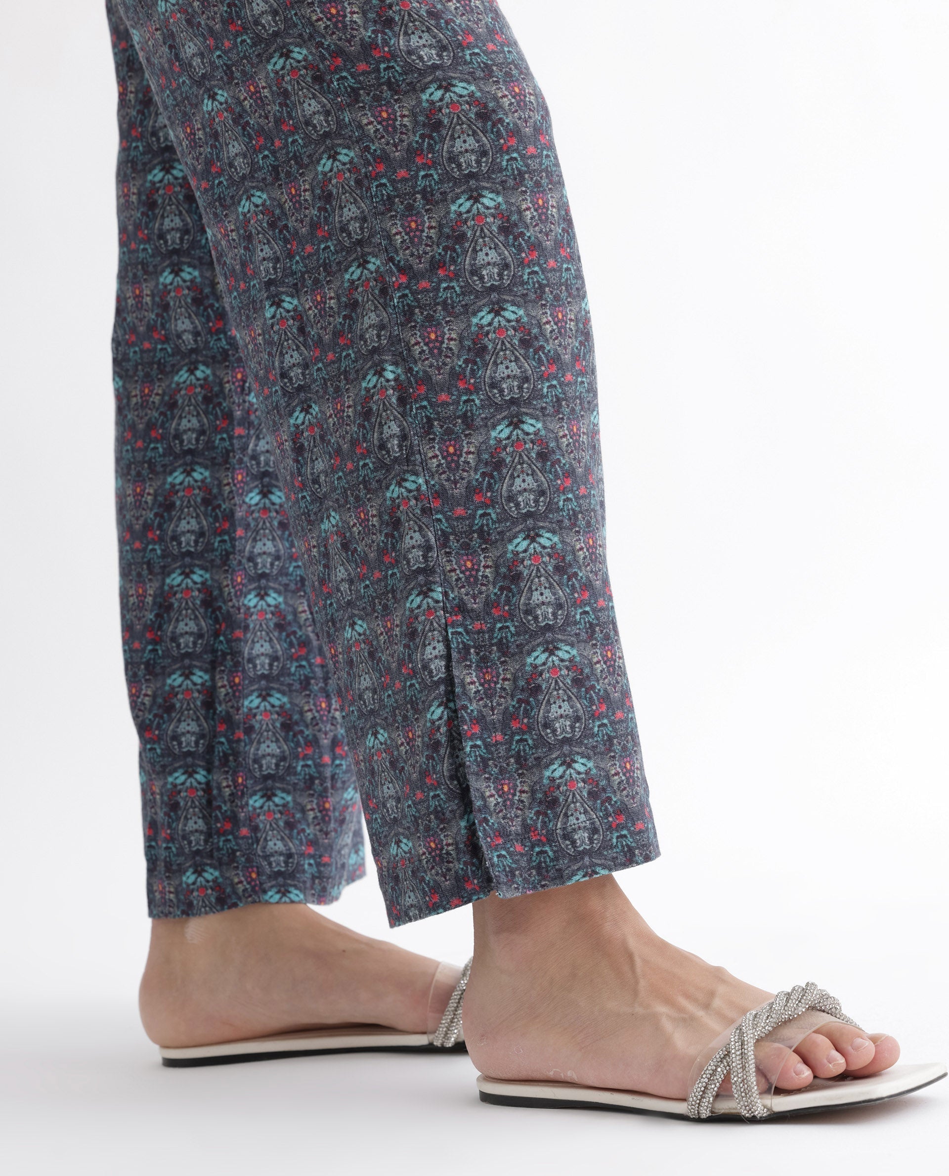 Rareism Women's Victo Grey Cotton Geometric Print Ankle Length Tailored Trouser
