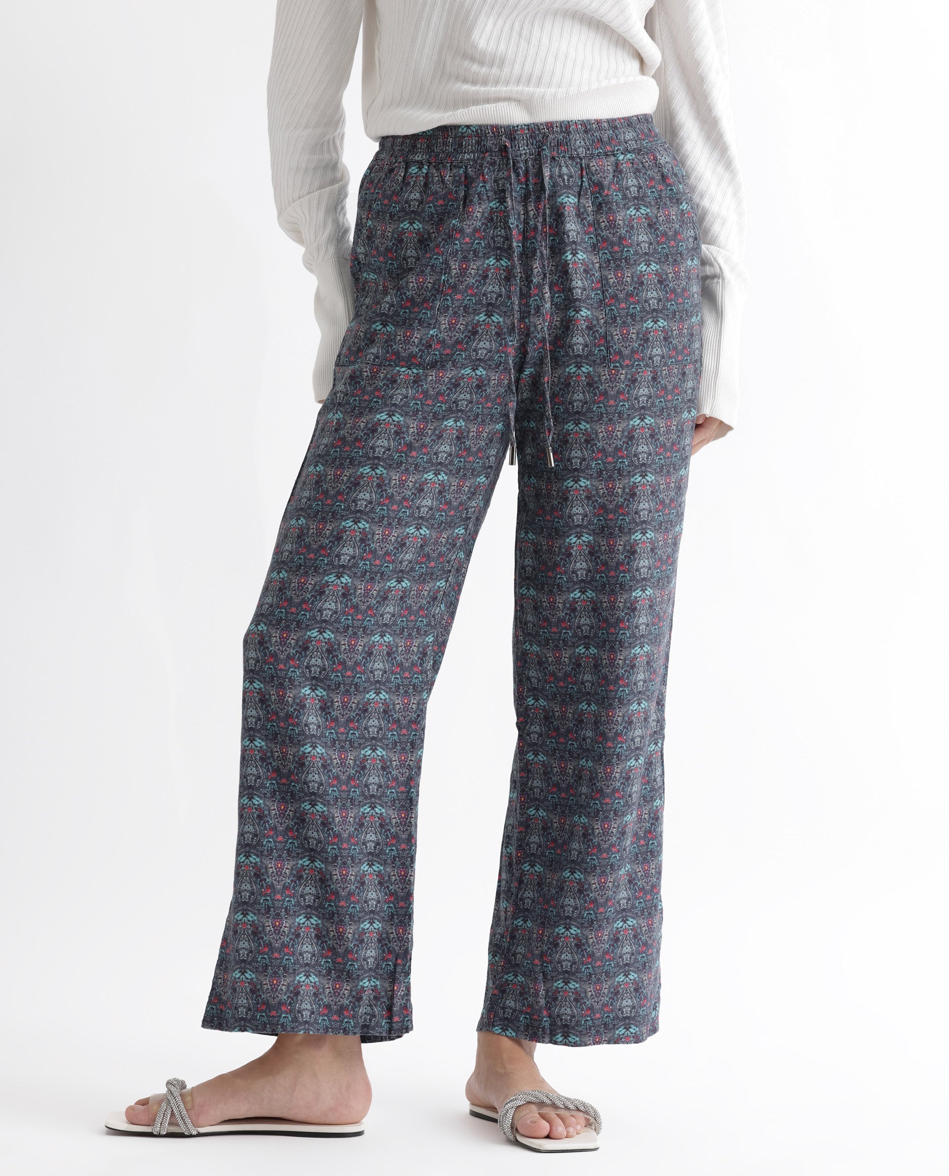 Rareism Women's Victo Grey Cotton Geometric Print Ankle Length Tailored Trouser