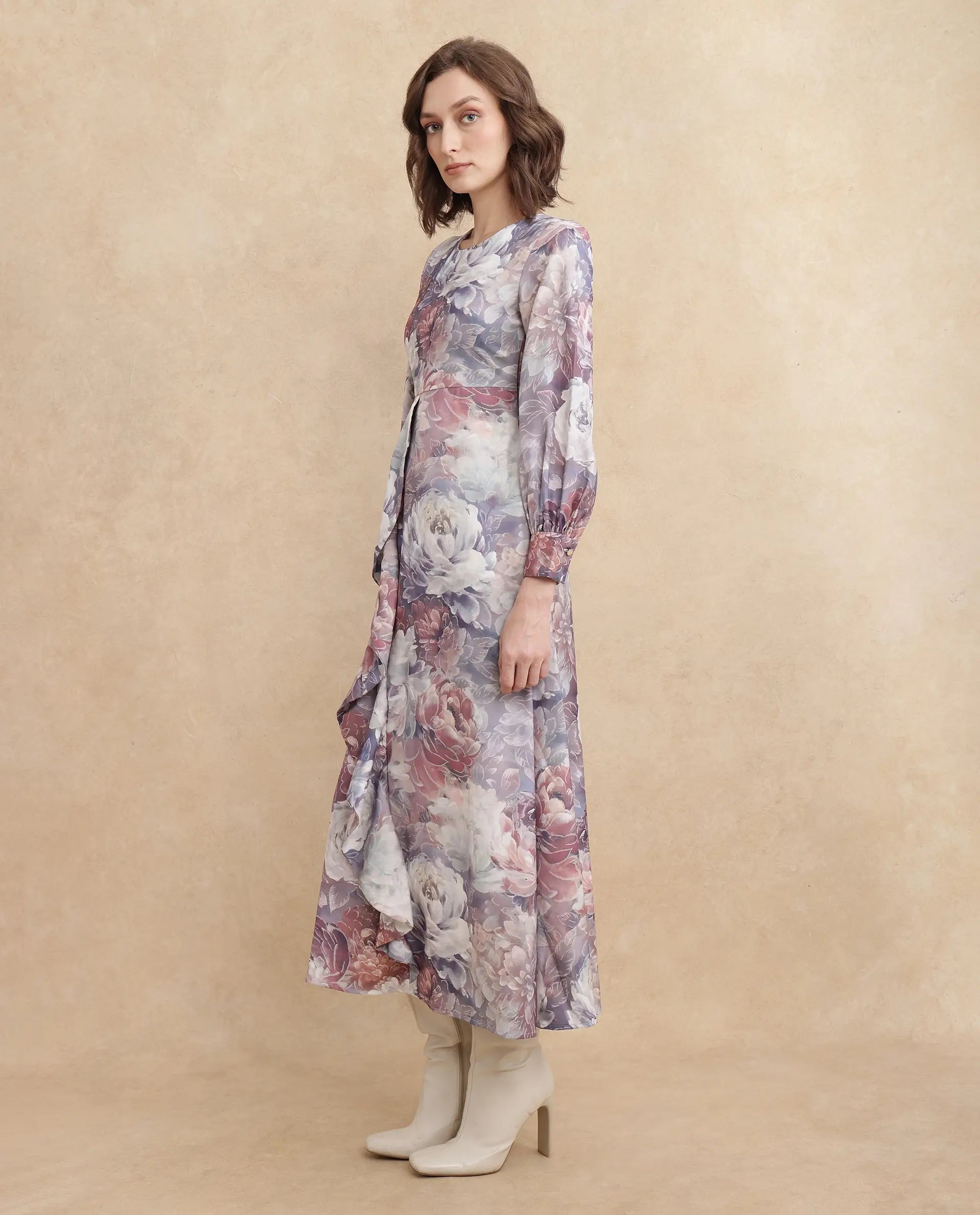 Rareism Women's Vienne Light Multi Satin Fabric Round Neck Slip-On Closure Puff Sleeve Floral Print Flared Maxi Dress