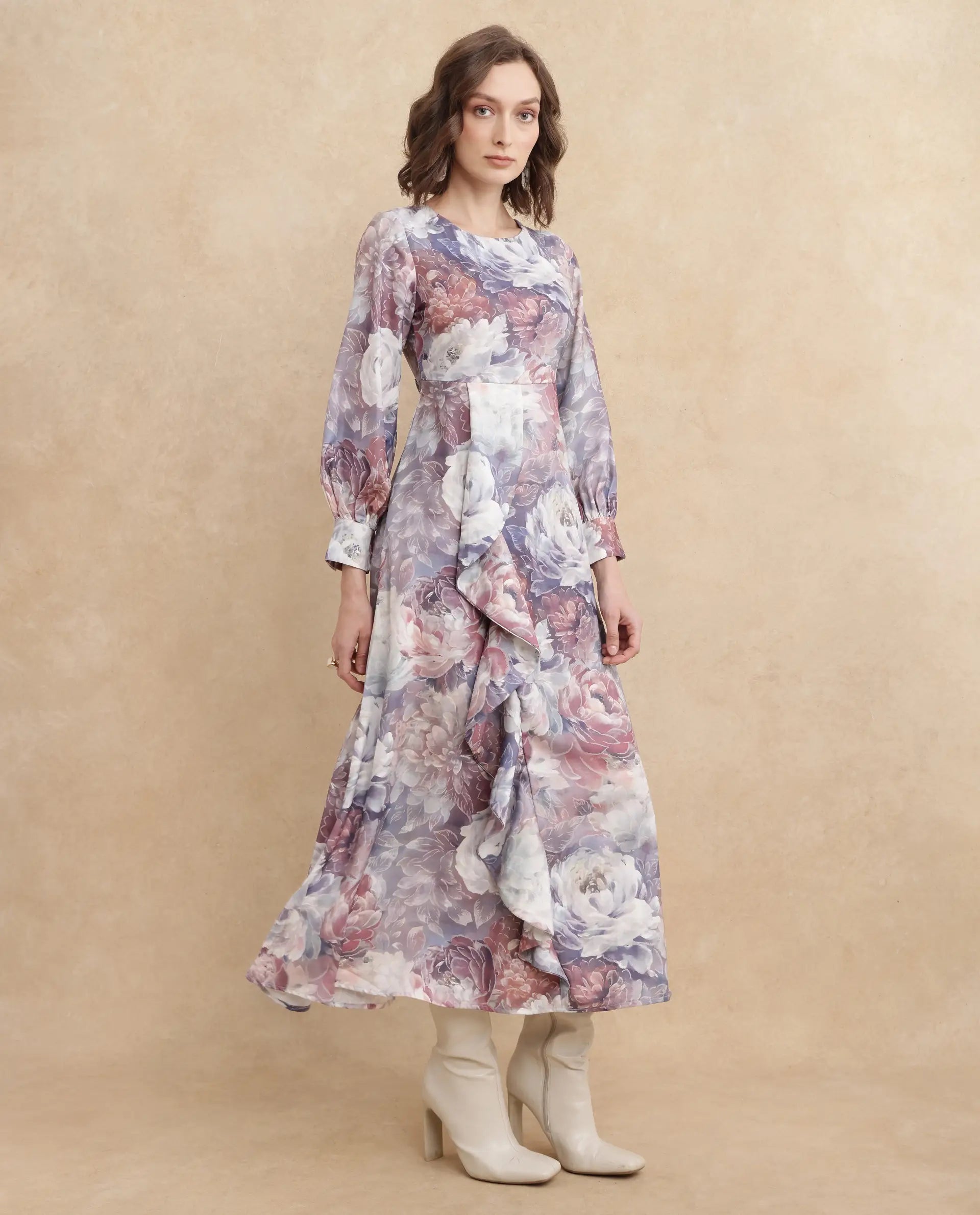 Rareism Women's Vienne Light Multi Satin Fabric Round Neck Slip-On Closure Puff Sleeve Floral Print Flared Maxi Dress