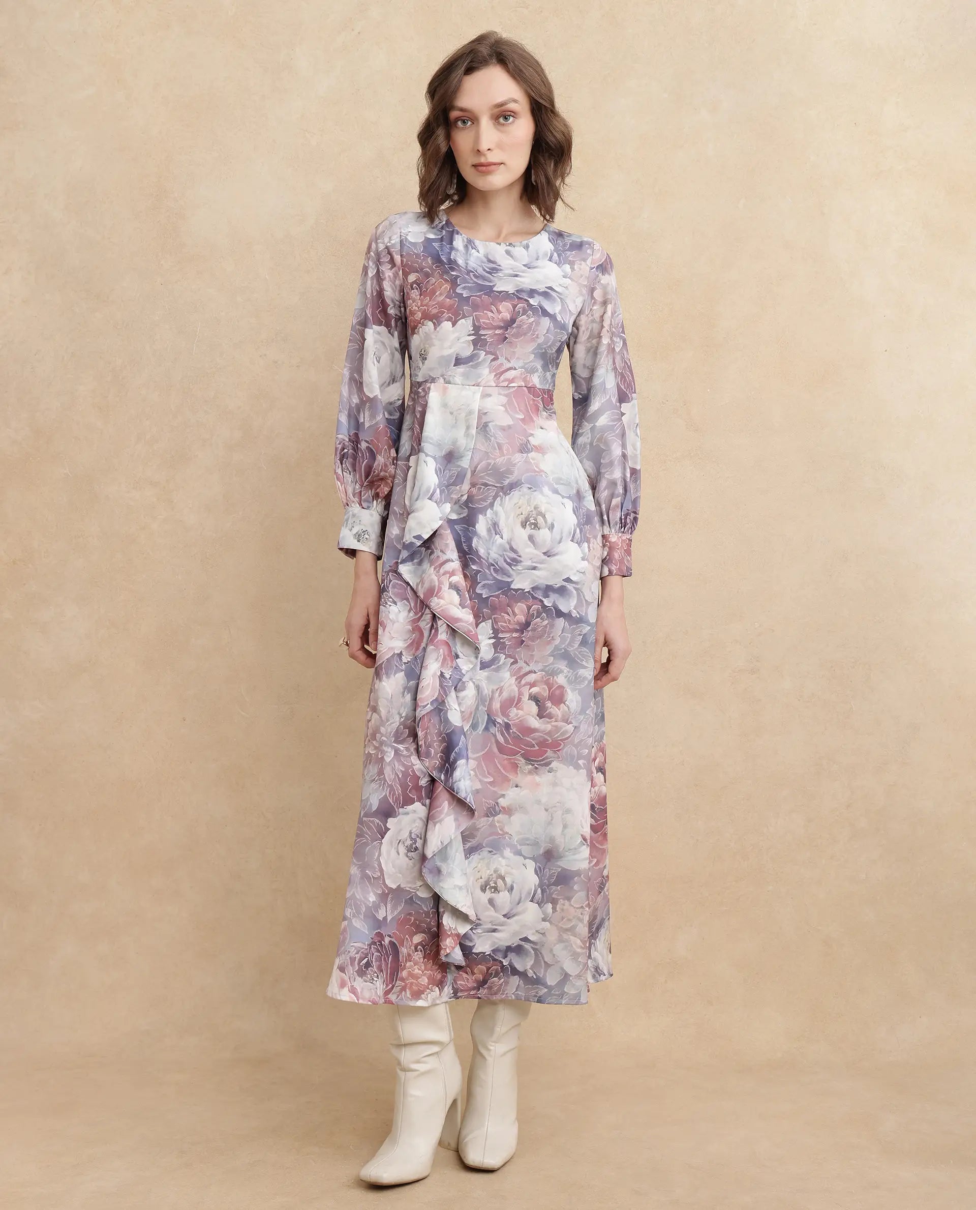 Rareism Women's Vienne Light Multi Satin Fabric Round Neck Slip-On Closure Puff Sleeve Floral Print Flared Maxi Dress