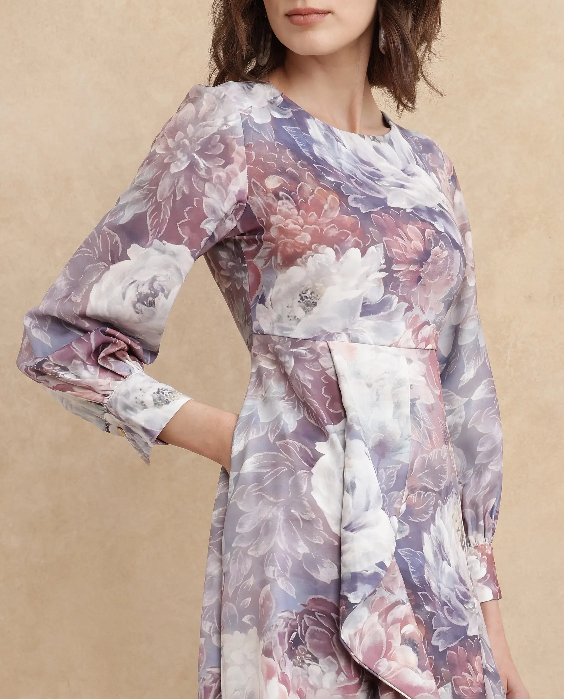 Rareism Women's Vienne Light Multi Satin Fabric Round Neck Slip-On Closure Puff Sleeve Floral Print Flared Maxi Dress