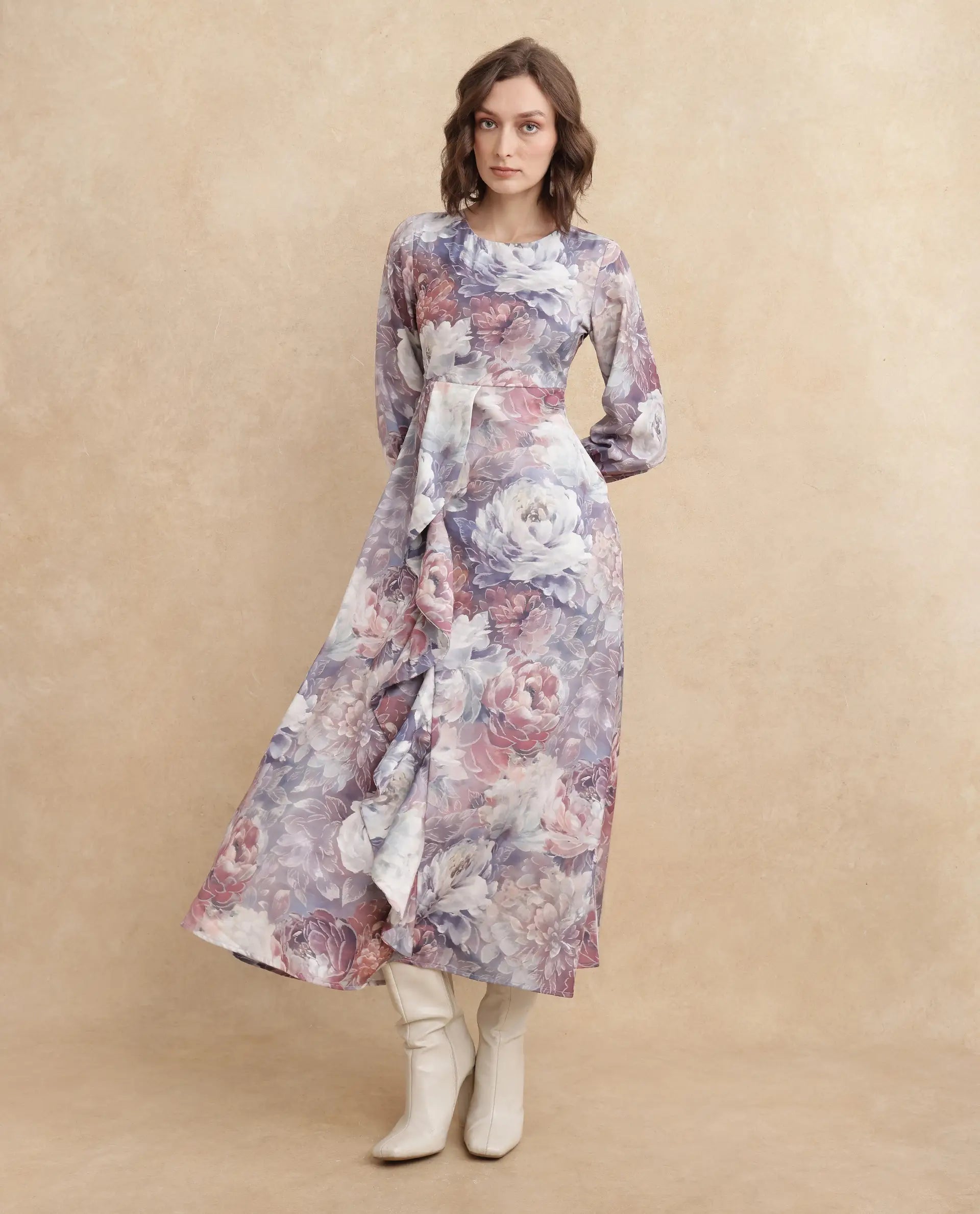 Rareism Women's Vienne Light Multi Satin Fabric Round Neck Slip-On Closure Puff Sleeve Floral Print Flared Maxi Dress