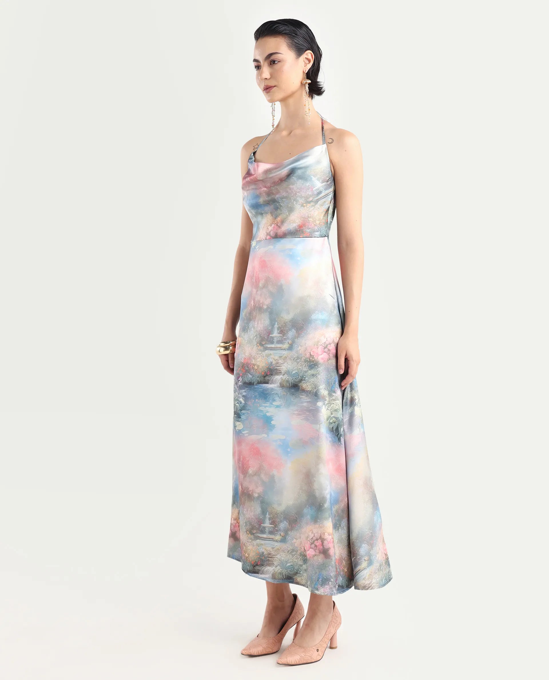 Rareism Women's Villeur Multi Satin Cowl Neck Floral Print Sleeveless Maxi Flared Dress