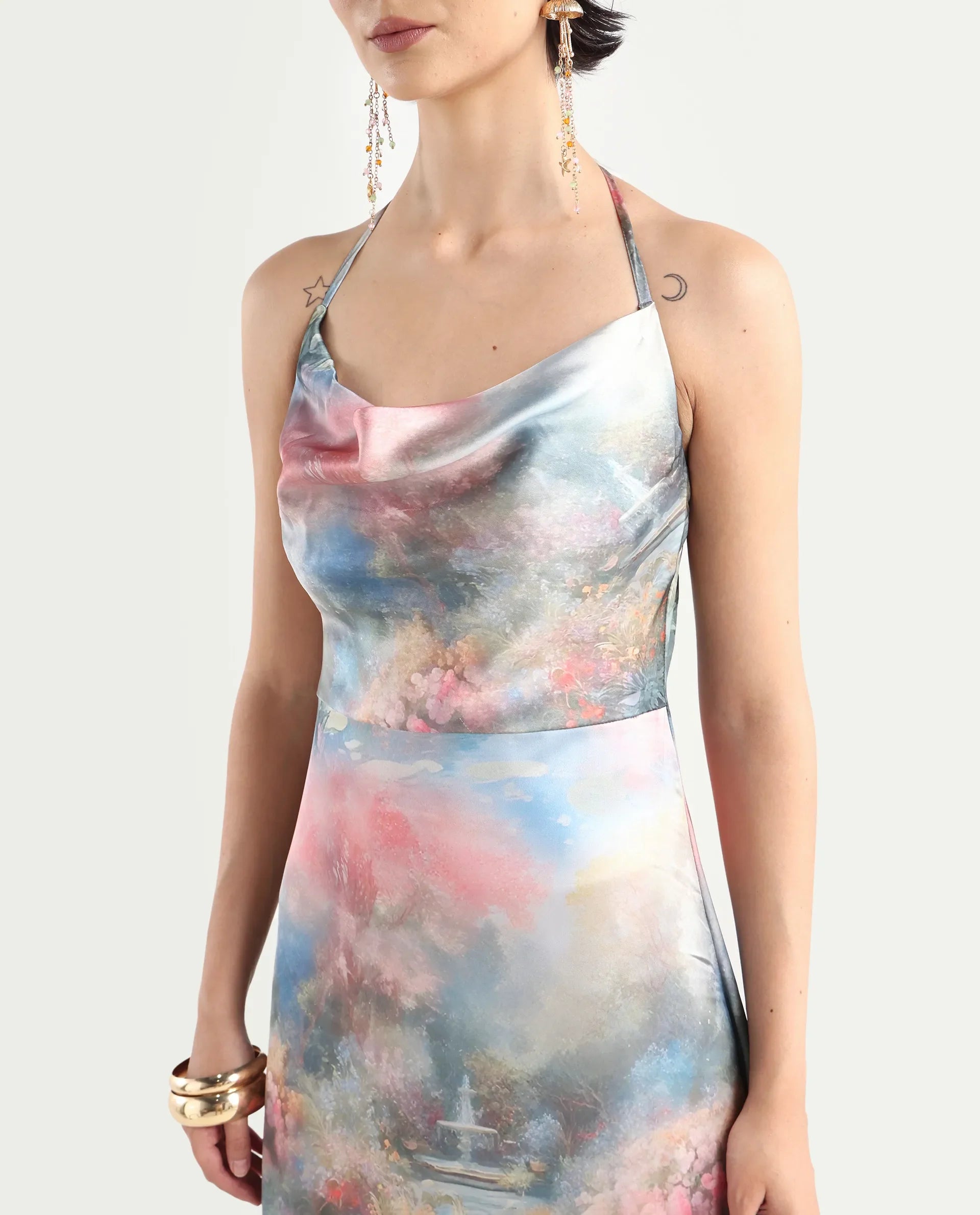 Rareism Women's Villeur Multi Satin Cowl Neck Floral Print Sleeveless Maxi Flared Dress