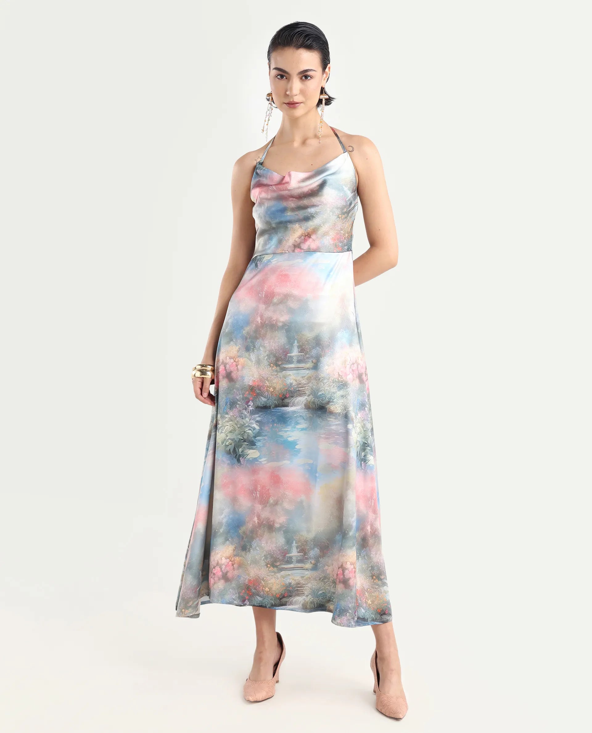 Rareism Women's Villeur Multi Satin Cowl Neck Floral Print Sleeveless Maxi Flared Dress