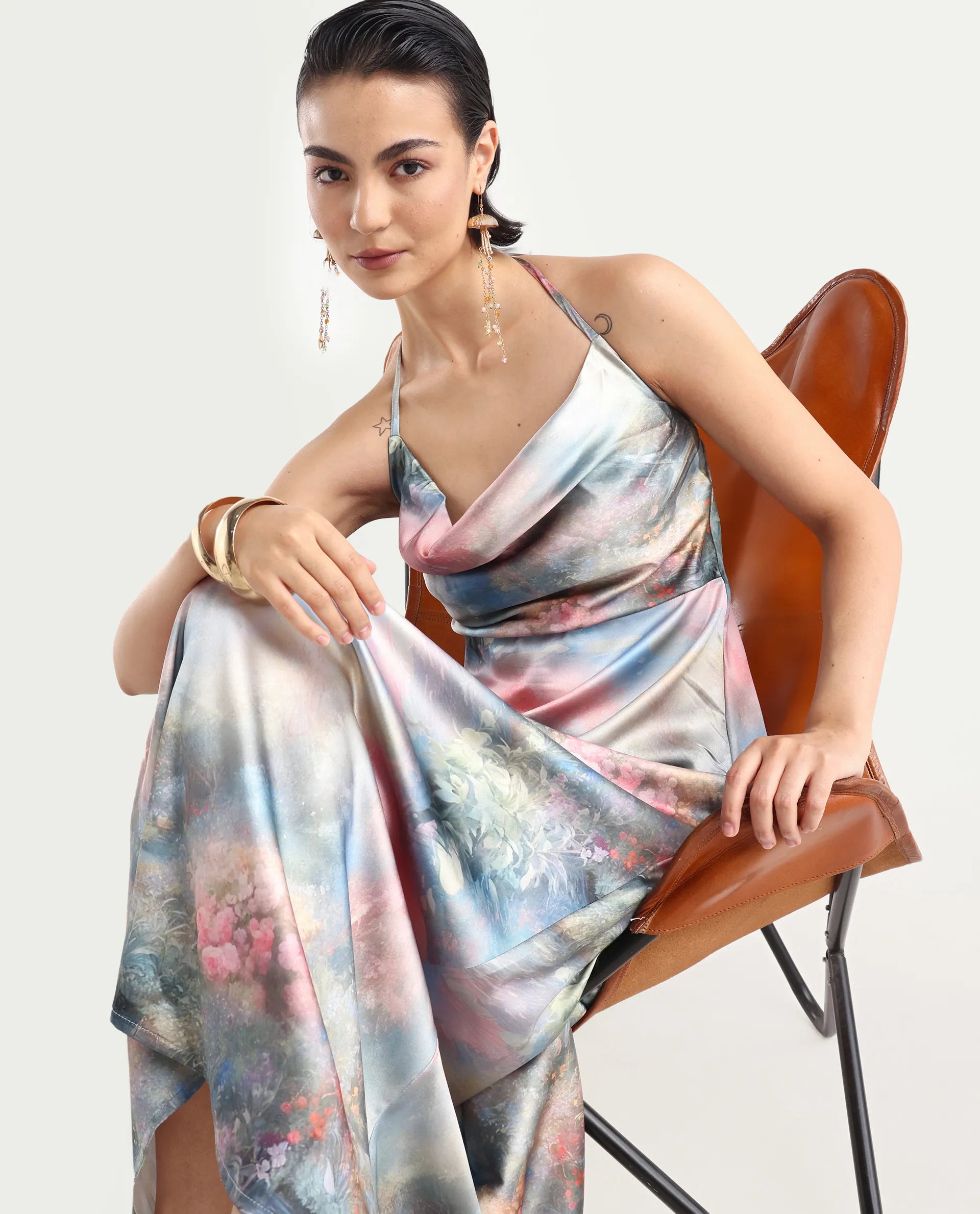 Rareism Women's Villeur Multi Satin Cowl Neck Floral Print Sleeveless Maxi Flared Dress