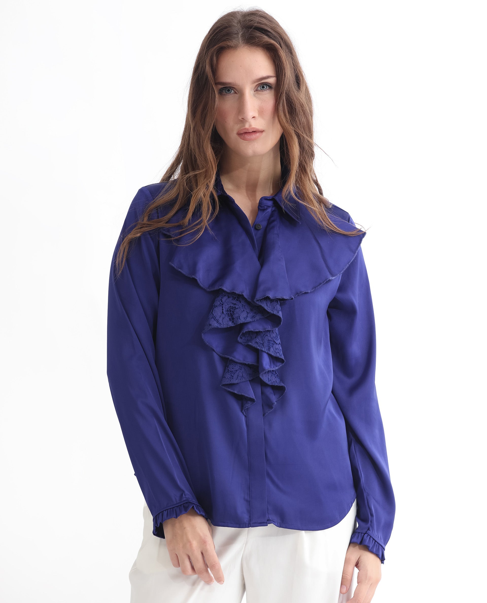 Rareism Women's Uitson Dark Blue Polyester Sweetheart Neck Plain Raglan Sleeve Relaxed Fit Top