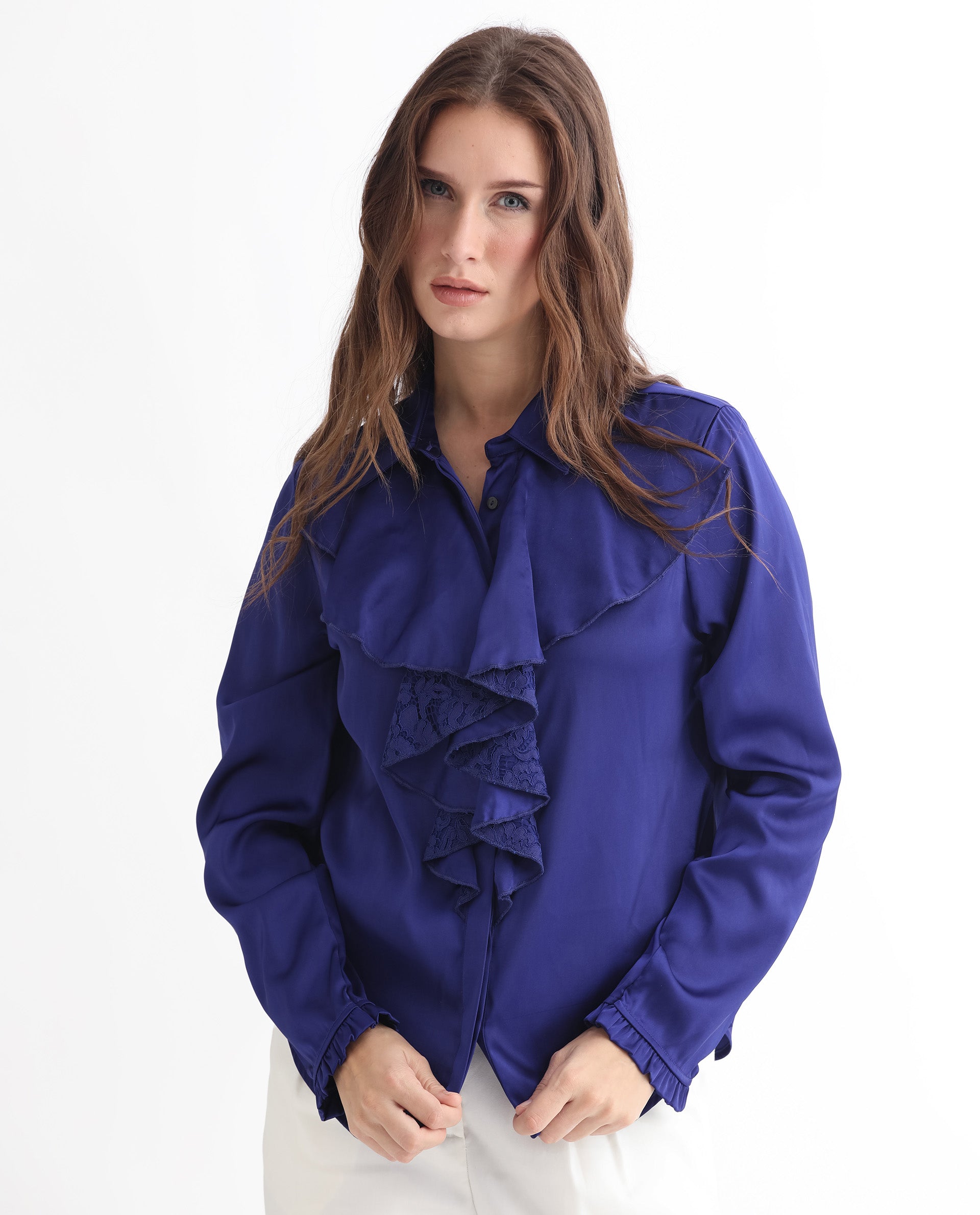 Rareism Women's Uitson Dark Blue Polyester Sweetheart Neck Plain Raglan Sleeve Relaxed Fit Top