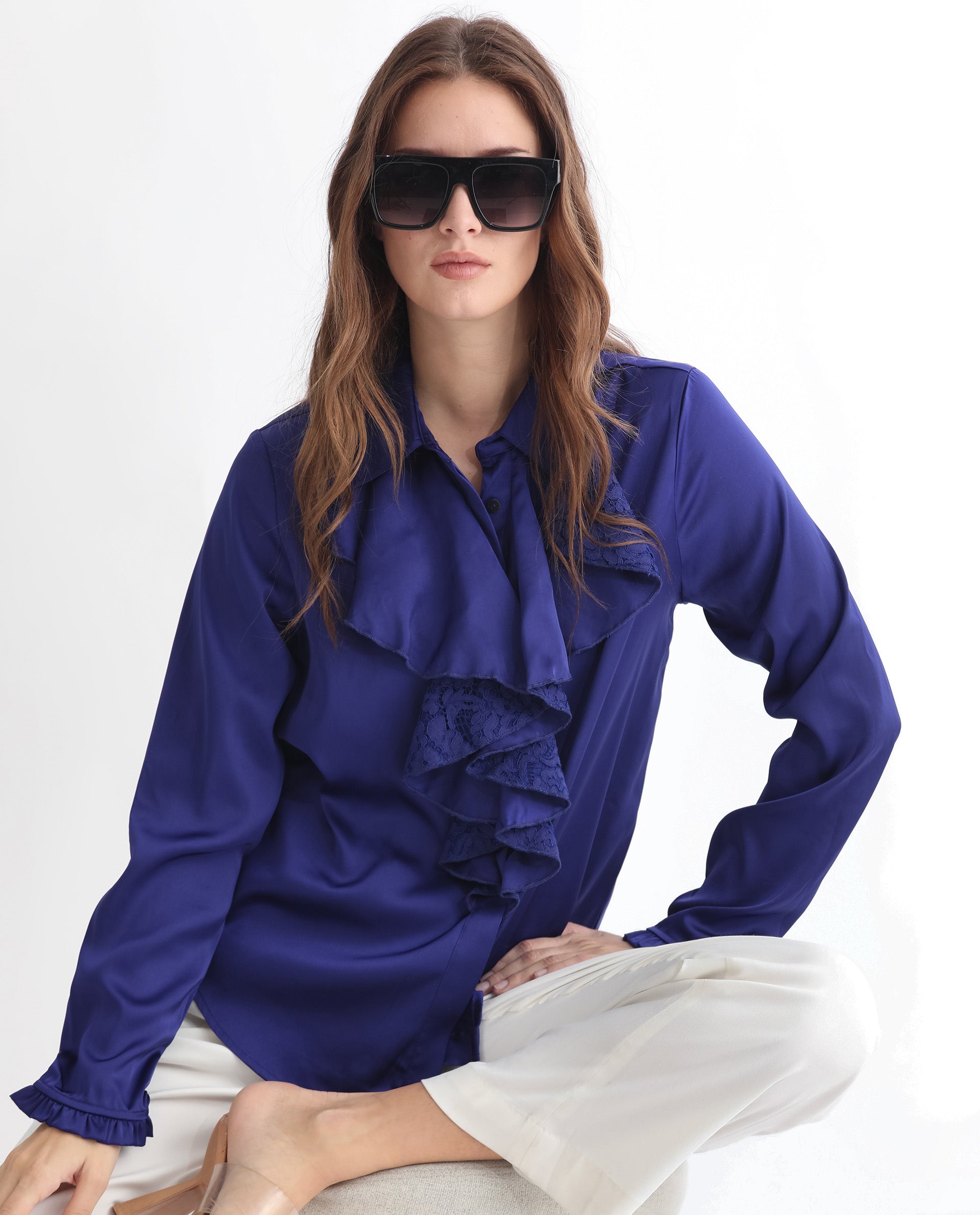 Rareism Women's Uitson Dark Blue Polyester Sweetheart Neck Plain Raglan Sleeve Relaxed Fit Top