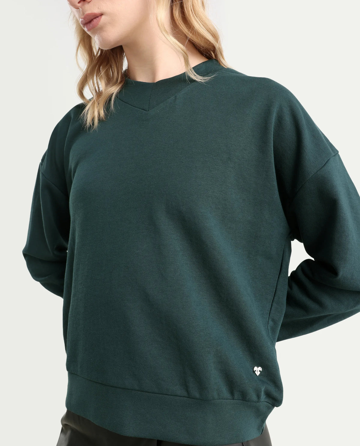 Rareism Women's Vitoo Dark Green Cotton Blend Crew Neck Plain Relaxed Fit Sweatshirt