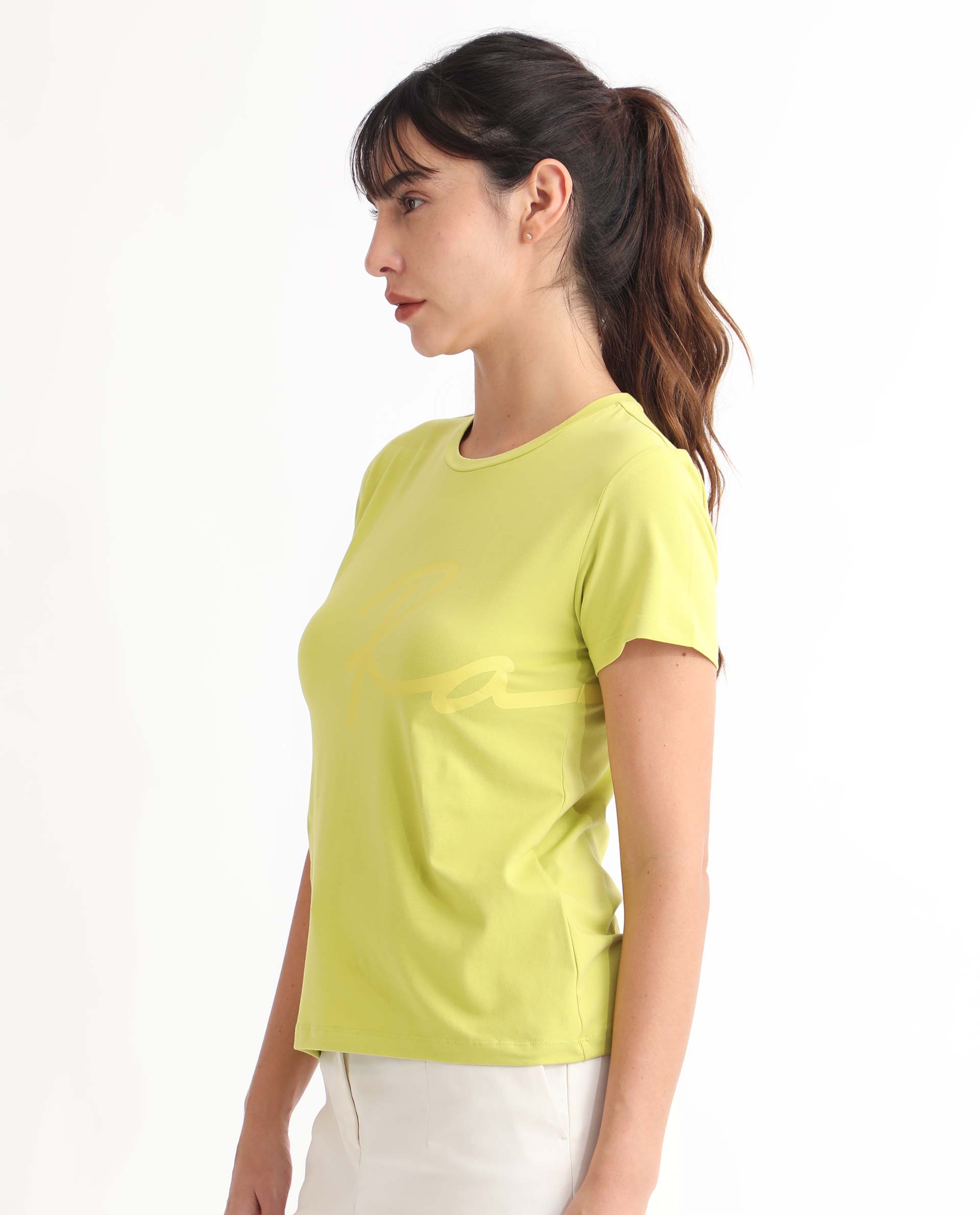 Rareism Women's Vivian Flouroscent Green Cotton Crew Neck Graphic Print Regular Fit T-Shirt