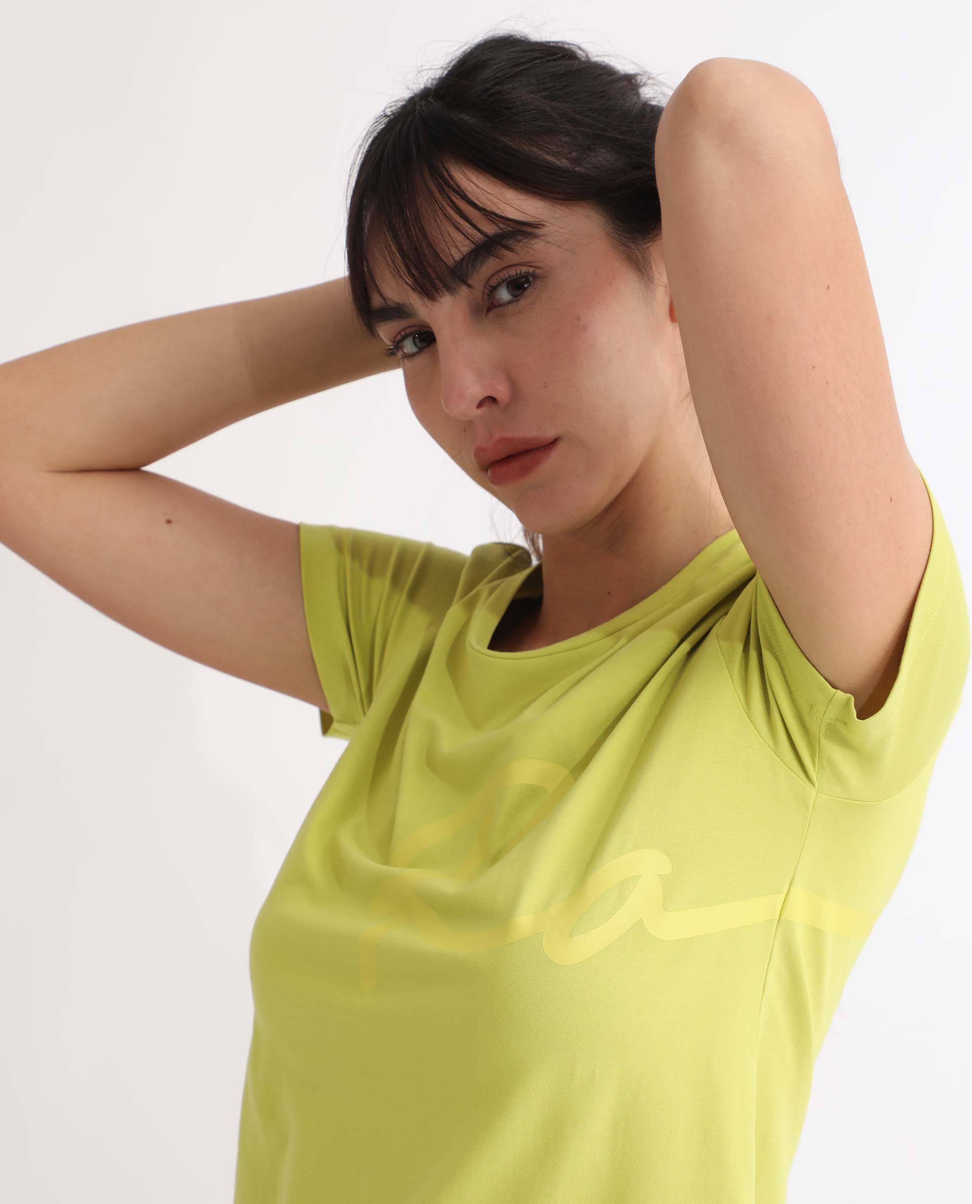Rareism Women's Vivian Flouroscent Green Cotton Crew Neck Graphic Print Regular Fit T-Shirt