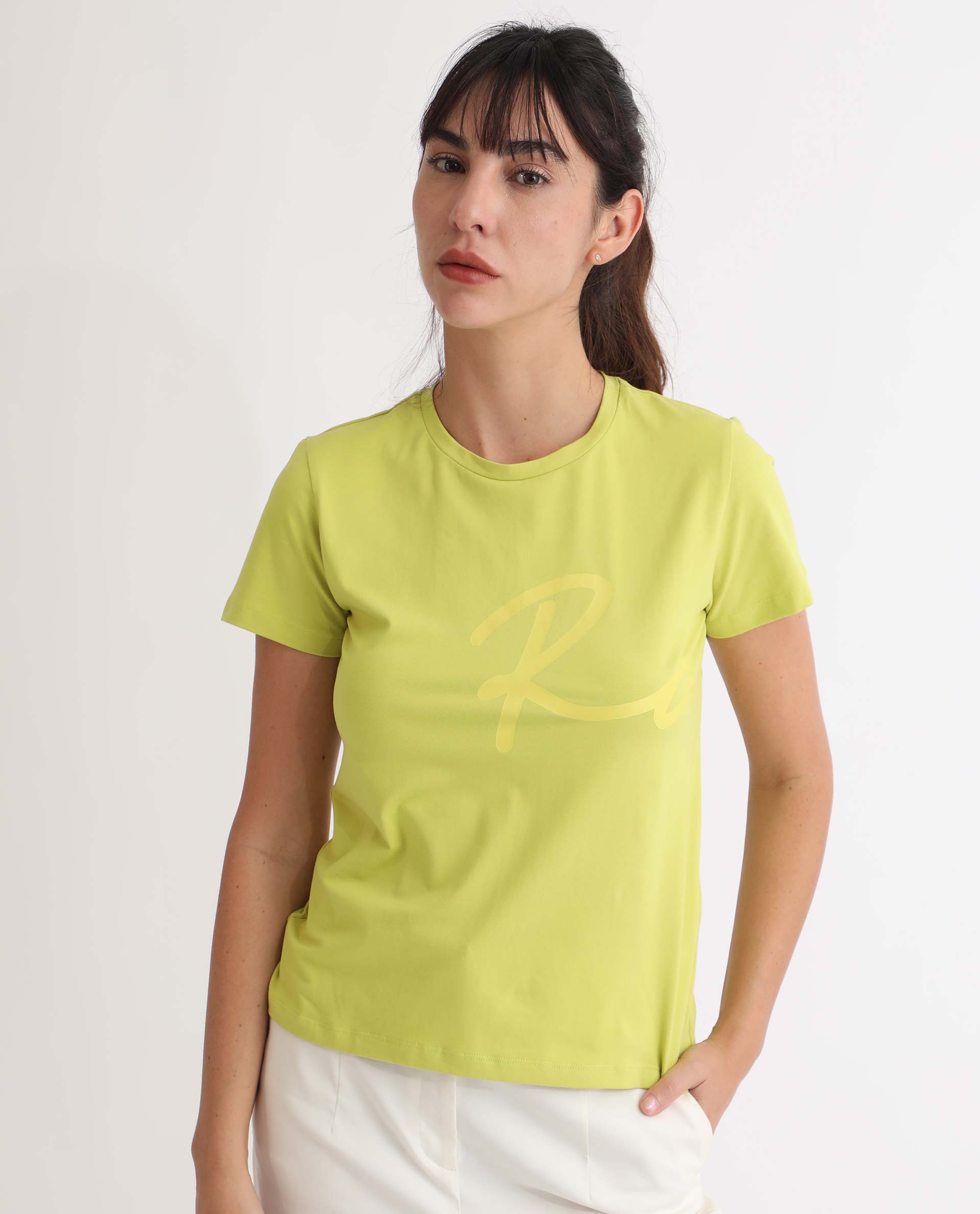 Rareism Women Vivian Flouroscent Green Regular Fit Half Sleeves Solid Crew Neck T-Shirt