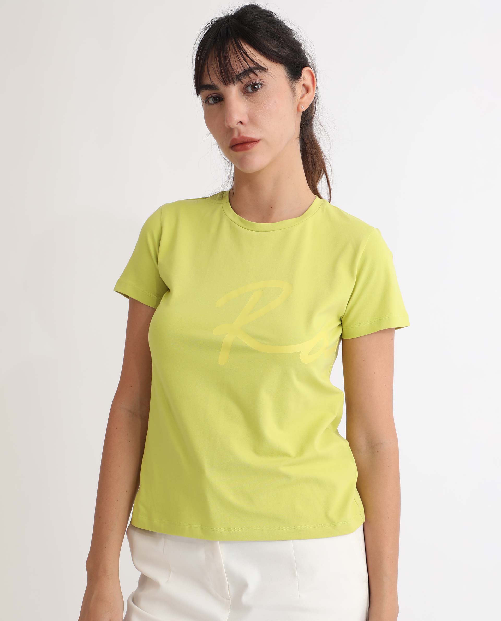 Rareism Women Vivian Flouroscent Green Regular Fit Half Sleeves Solid Crew Neck T-Shirt