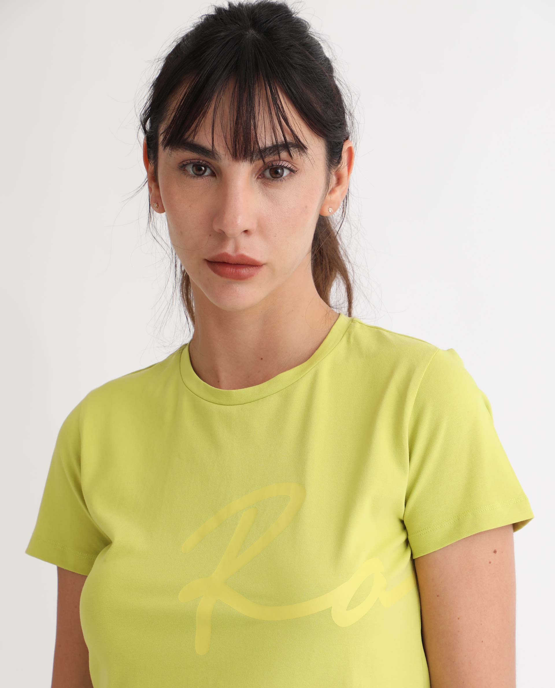 Rareism Women Vivian Flouroscent Green Regular Fit Half Sleeves Solid Crew Neck T-Shirt