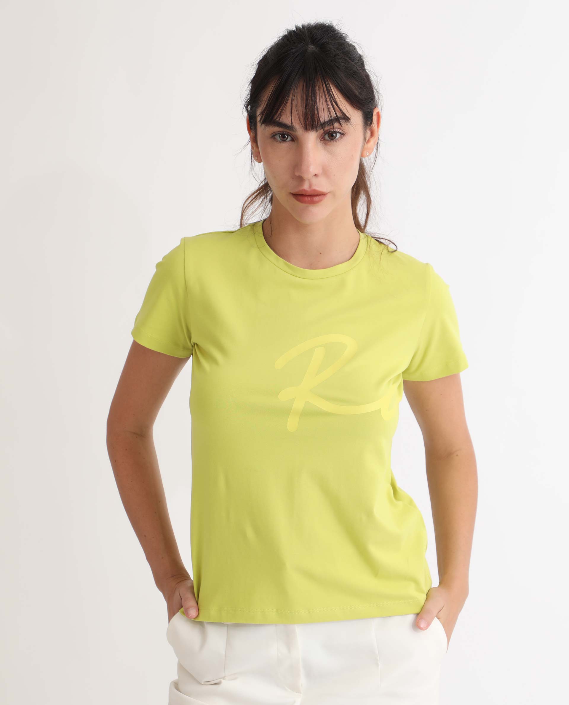 Rareism Women's Vivian Flouroscent Green Cotton Crew Neck Graphic Print Regular Fit T-Shirt