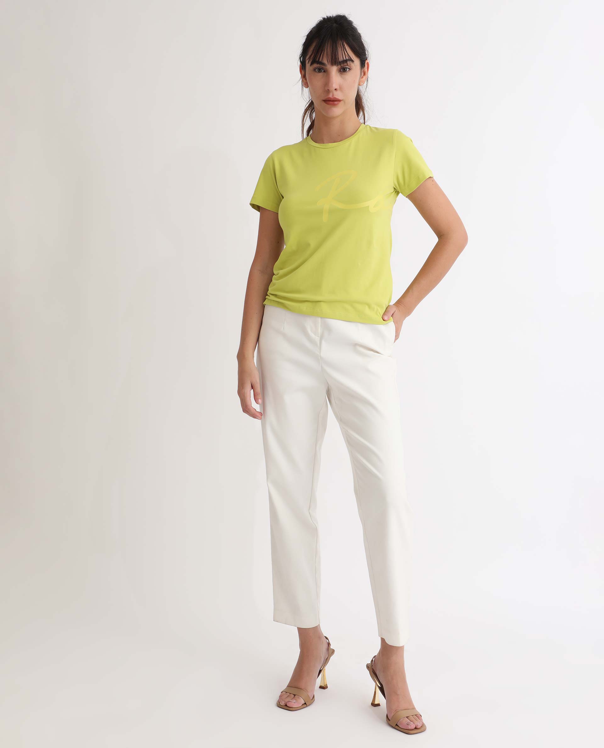 Rareism Women Vivian Flouroscent Green Regular Fit Half Sleeves Solid Crew Neck T-Shirt