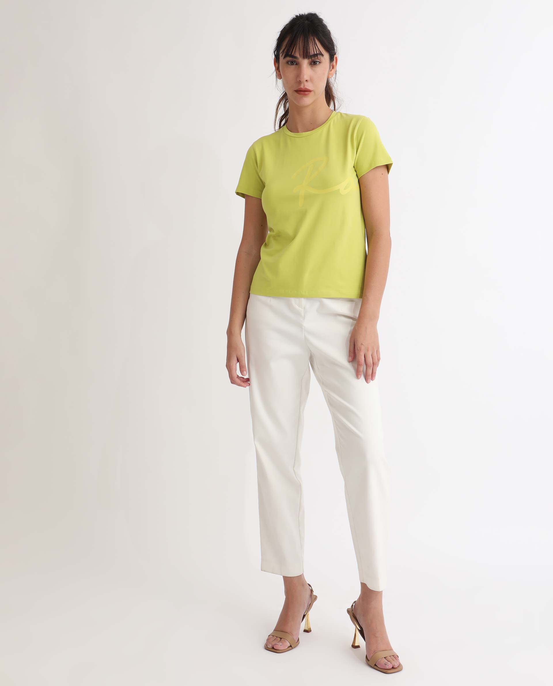 Rareism Women Vivian Flouroscent Green Regular Fit Half Sleeves Solid Crew Neck T-Shirt