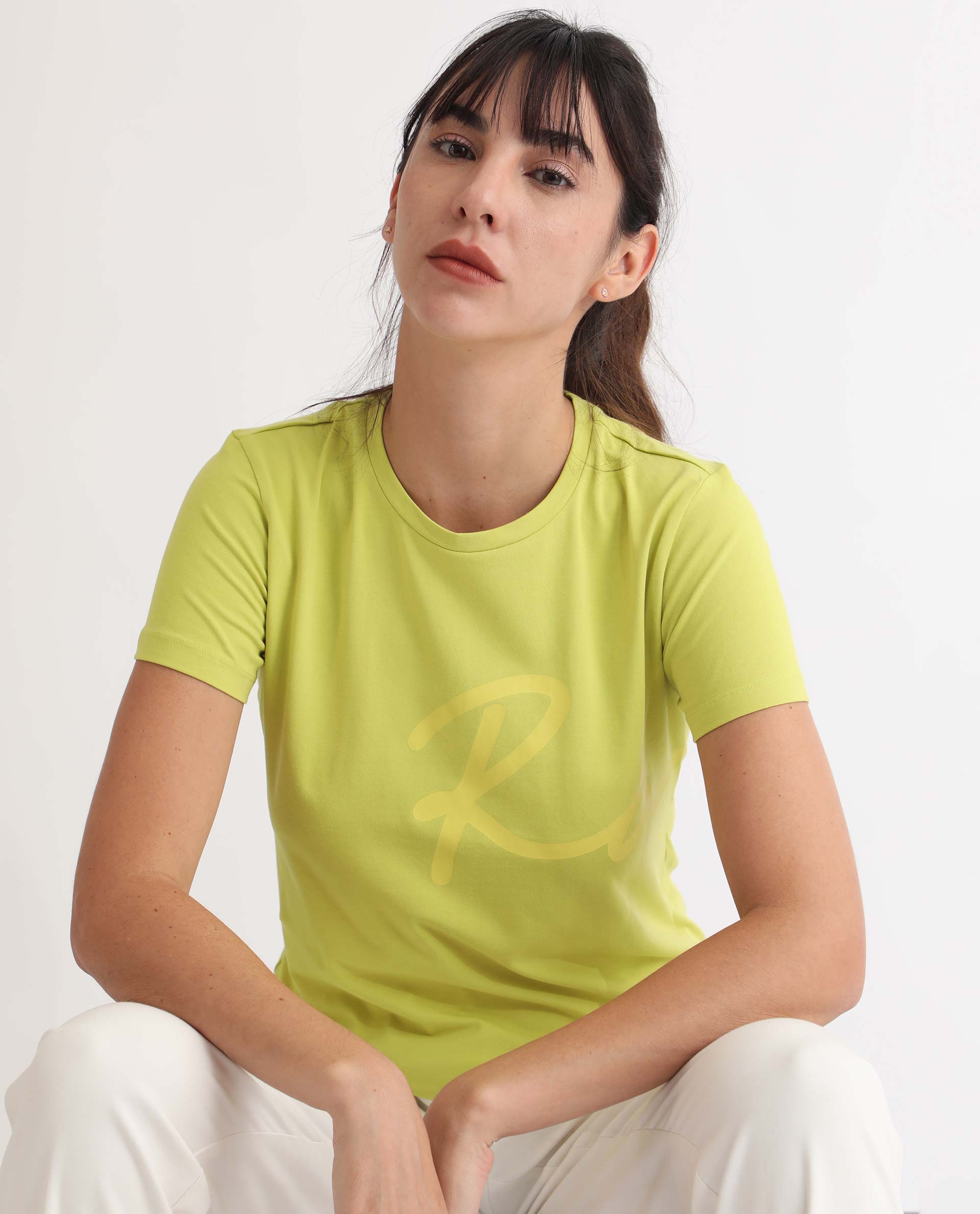 Rareism Women Vivian Flouroscent Green Regular Fit Half Sleeves Solid Crew Neck T-Shirt