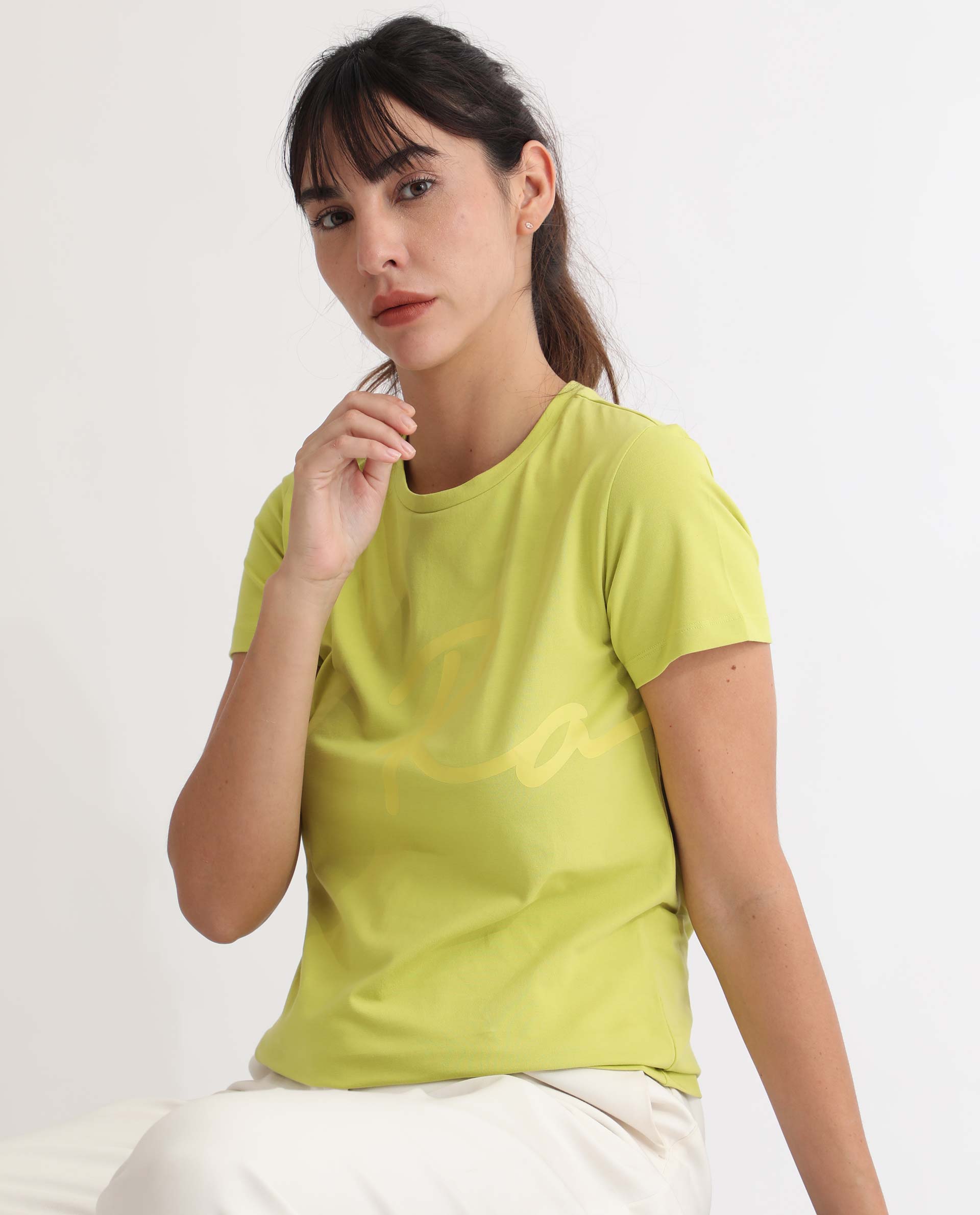 Rareism Women's Vivian Flouroscent Green Cotton Crew Neck Graphic Print Regular Fit T-Shirt