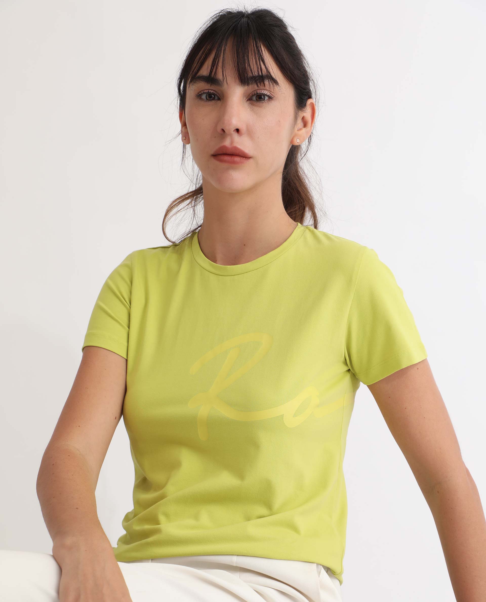 Rareism Women's Vivian Flouroscent Green Cotton Crew Neck Graphic Print Regular Fit T-Shirt