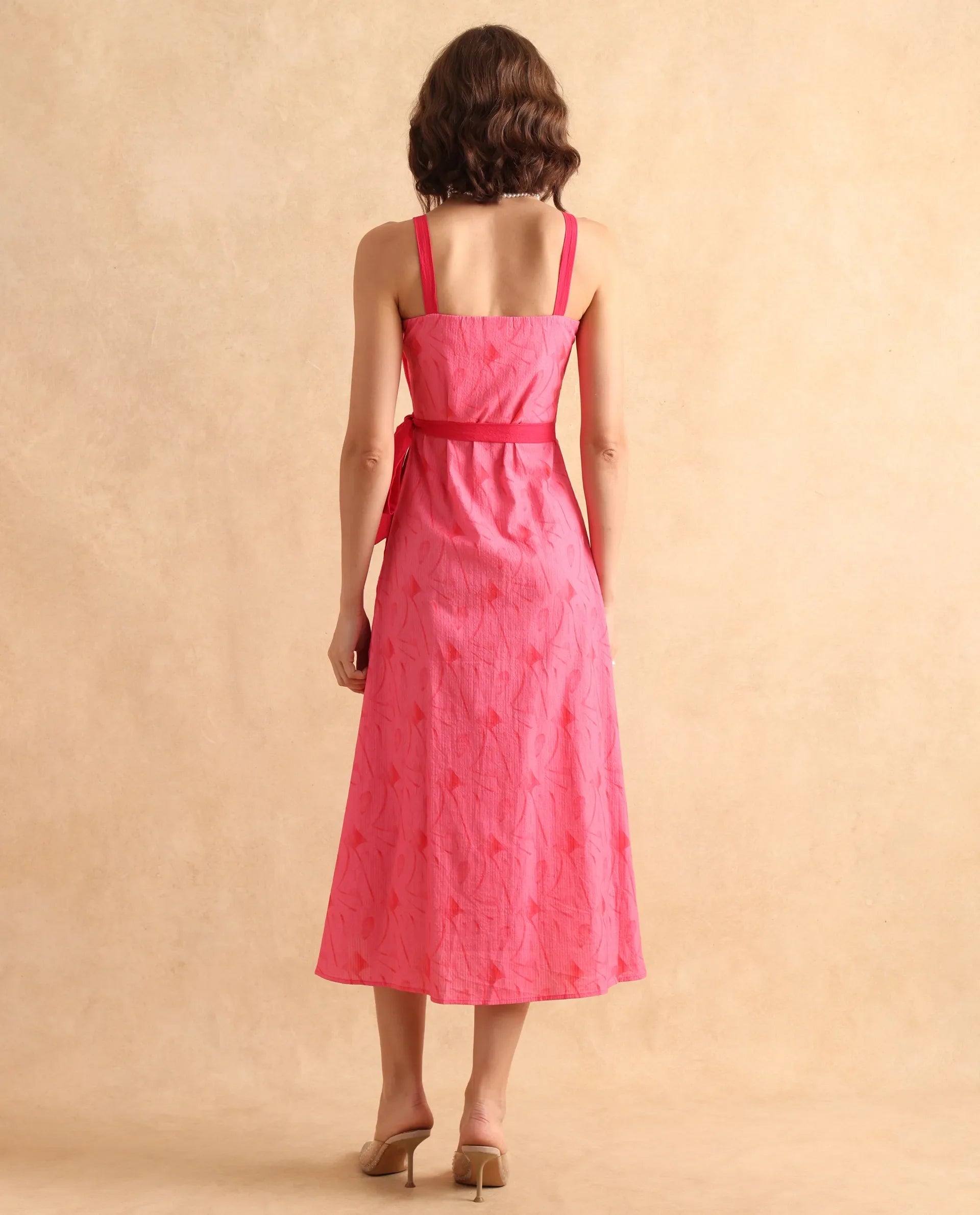 Rareism Women's Viyug Pink Halter Neck Tie-Up Closure Sleeveless Monogram Print Wrap Midi Dress