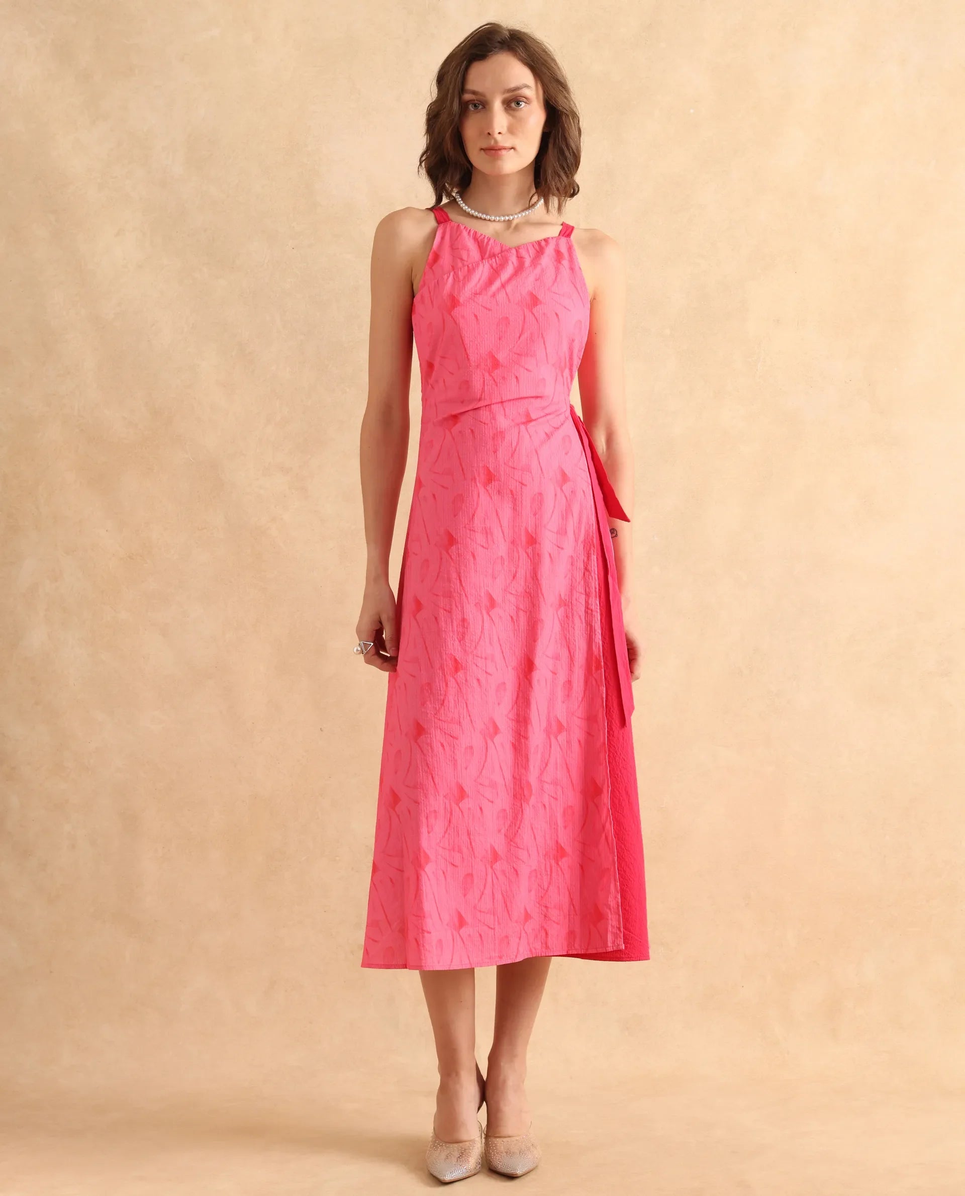 Rareism Women's Viyug Pink Halter Neck Tie-Up Closure Sleeveless Monogram Print Wrap Midi Dress