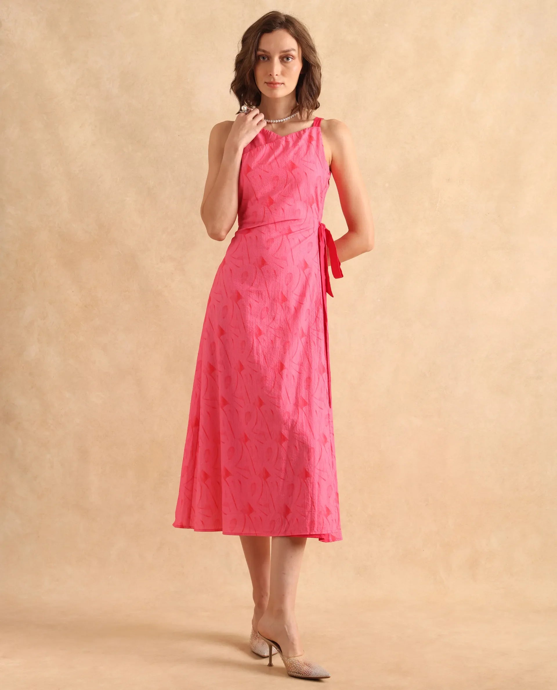 Rareism Women's Viyug Pink Cotton Blend Halter Neck Monogram Print Sleeveless Midi Wrap Dress