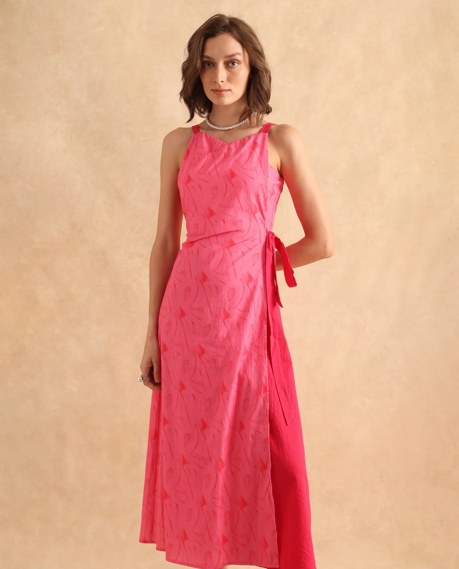 Rareism Women's Viyug Pink Cotton Blend Halter Neck Monogram Print Sleeveless Midi Wrap Dress